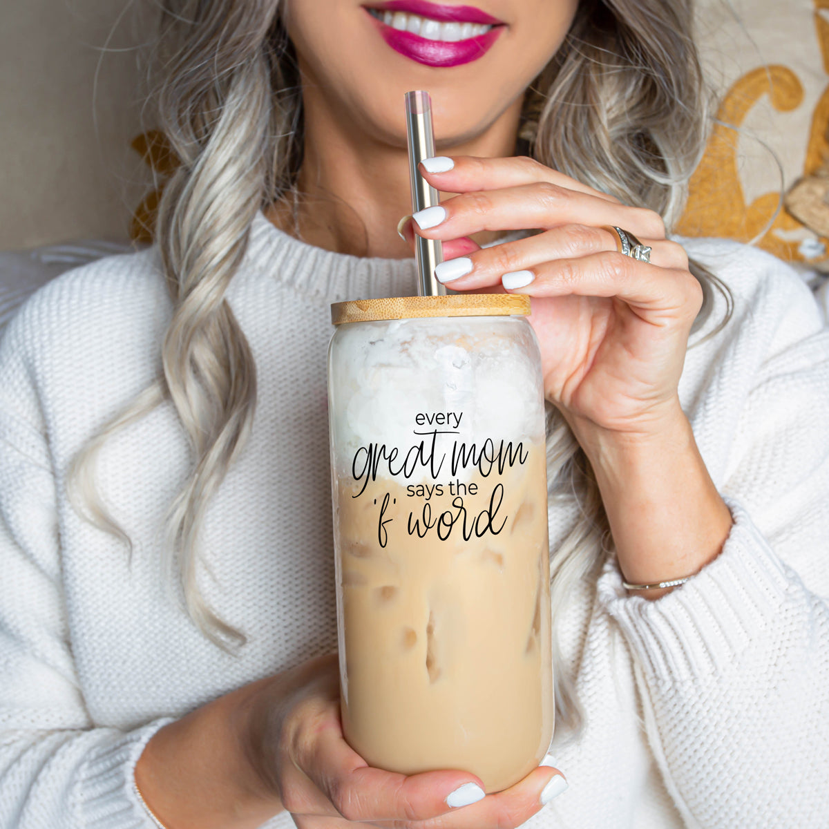 Every Great Mom Set featuring glass drinking cups with bamboo lids, stainless steel straws, and a straw cleaner, perfect for hot and cold beverages.