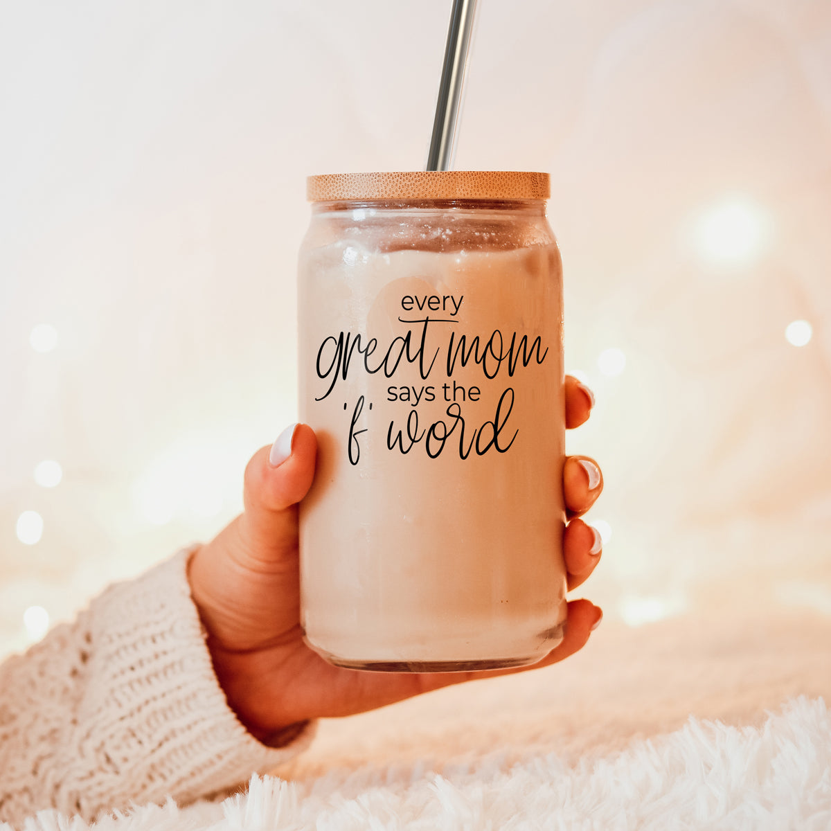 Every Great Mom Set featuring glass drinking cups with bamboo lids, stainless steel straws, and a straw cleaner, perfect for hot and cold beverages.