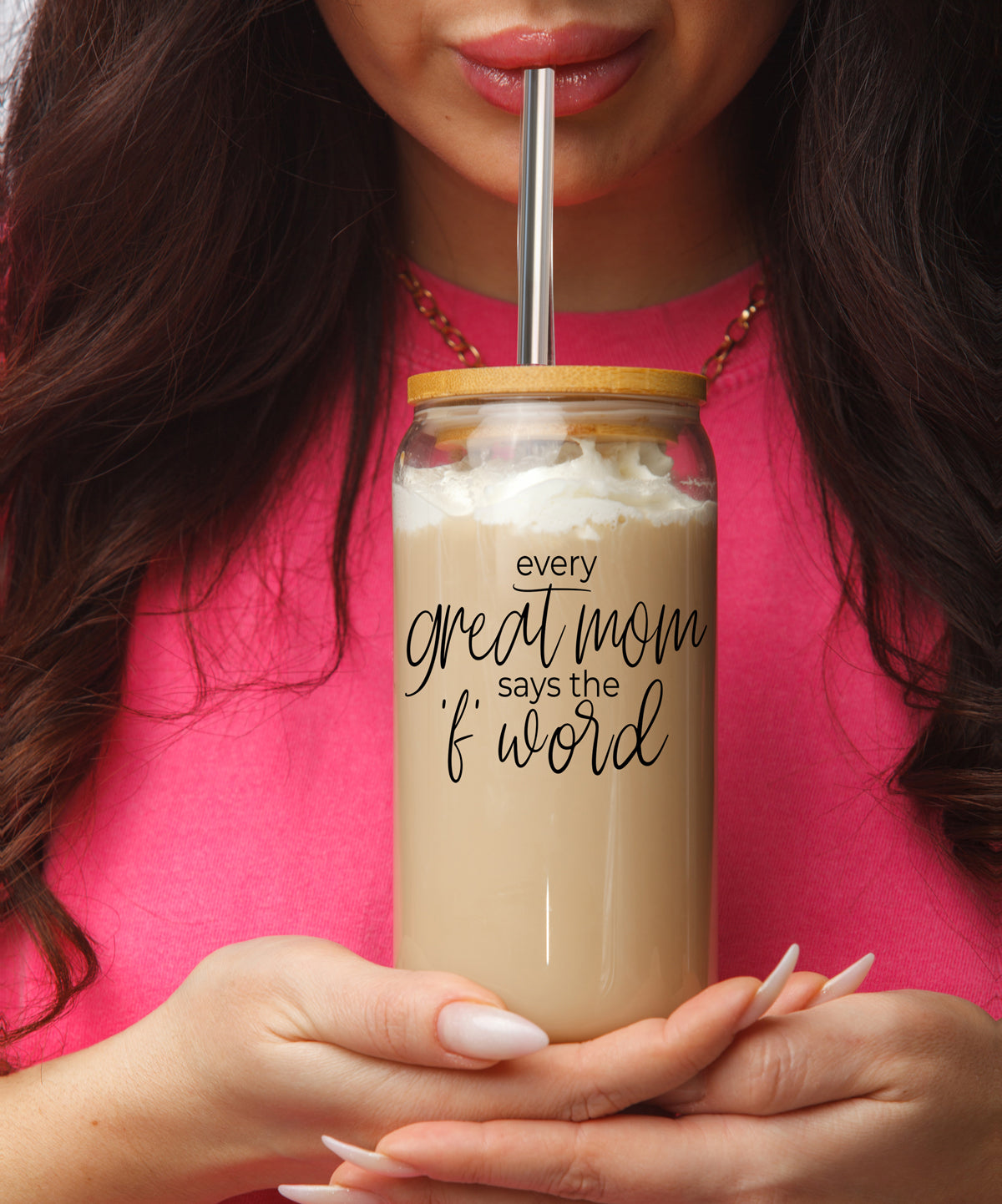 Every Great Mom Set featuring glass drinking cups with bamboo lids, stainless steel straws, and a straw cleaner, perfect for hot and cold beverages.