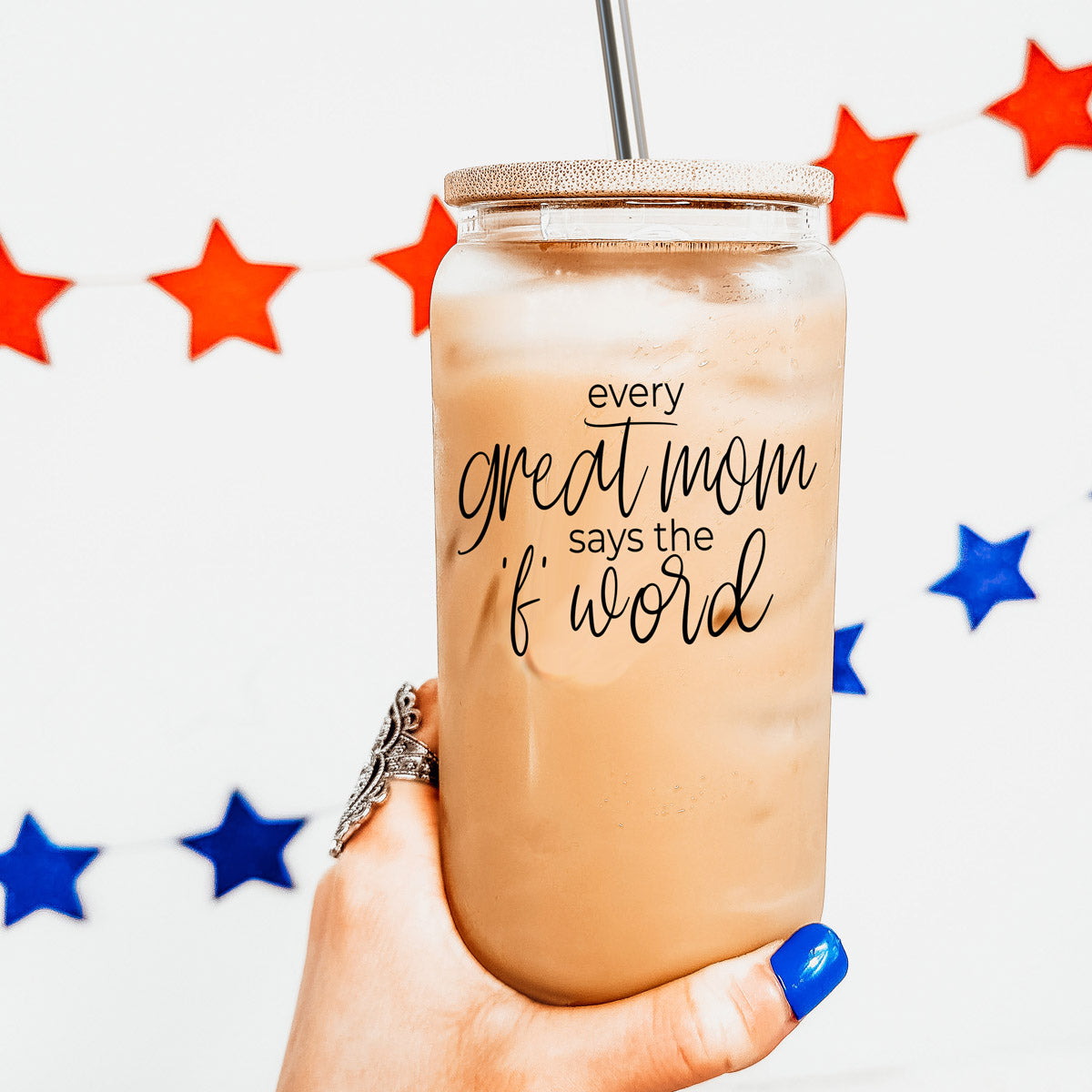 Every Great Mom Set featuring glass drinking cups with bamboo lids, stainless steel straws, and a straw cleaner, perfect for hot and cold beverages.