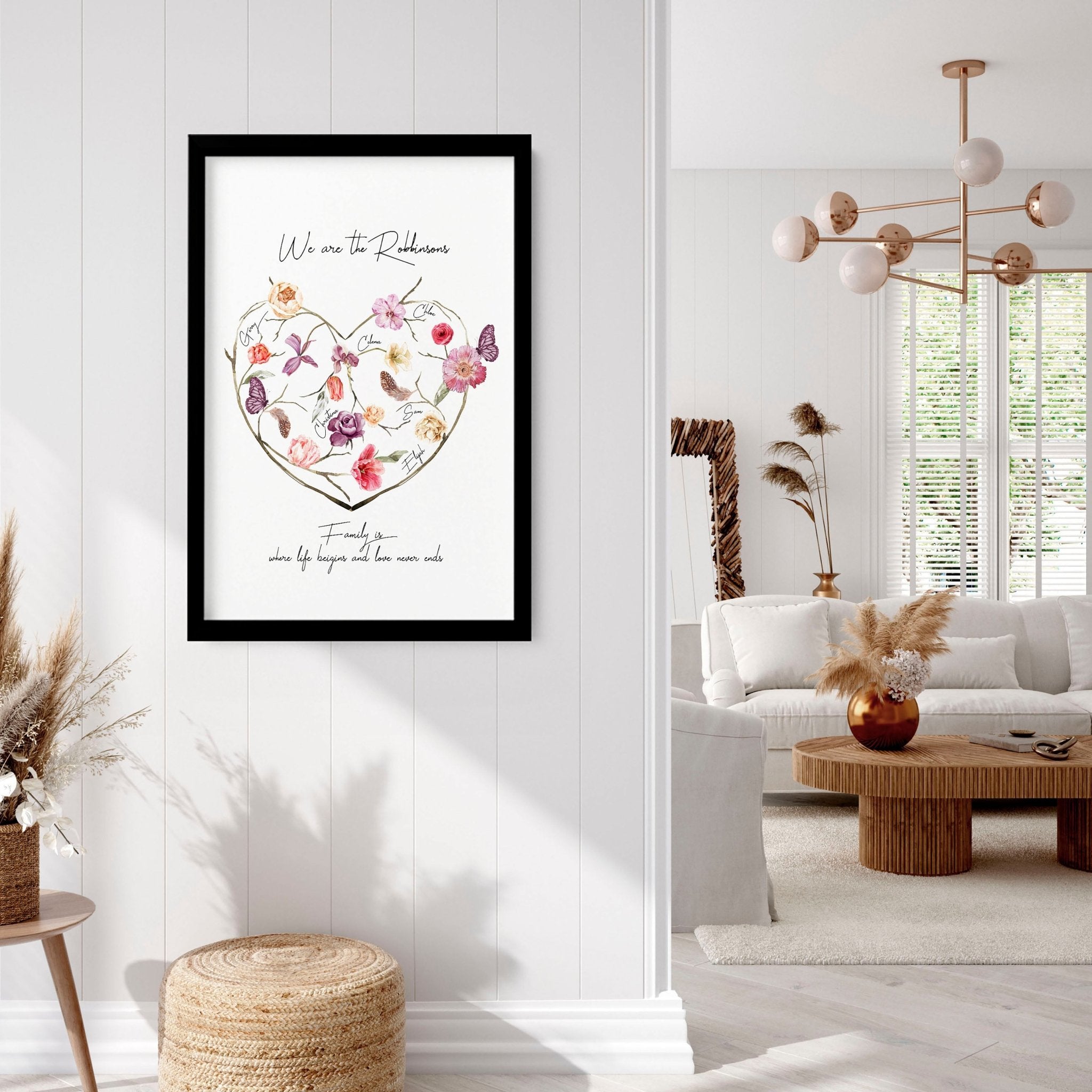 A beautifully designed Family Tree Wall Art Print featuring a blossoming heart design with customizable family names, perfect for home decor.