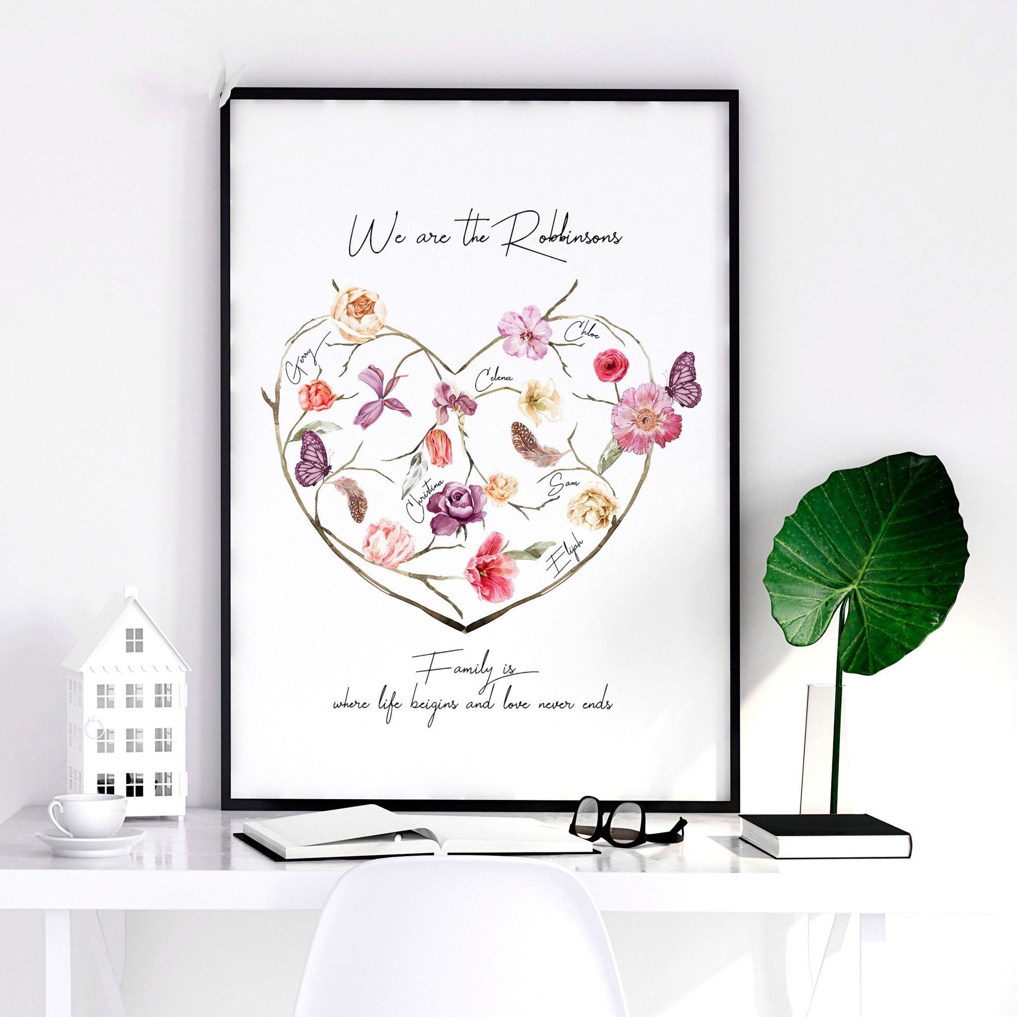 A beautifully designed Family Tree Wall Art Print featuring a blossoming heart design with customizable family names, perfect for home decor.