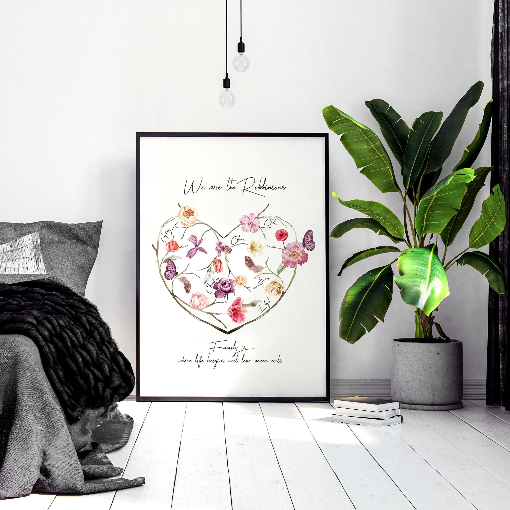 A beautifully designed Family Tree Wall Art Print featuring a blossoming heart design with customizable family names, perfect for home decor.