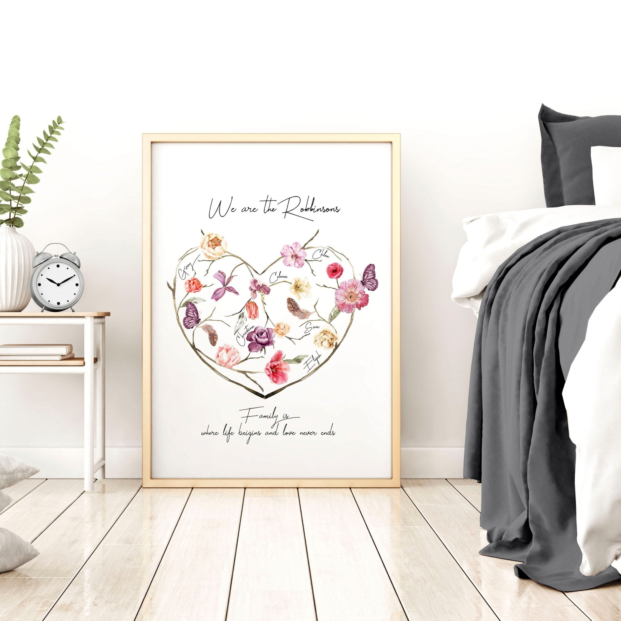 A beautifully designed Family Tree Wall Art Print featuring a blossoming heart design with customizable family names, perfect for home decor.