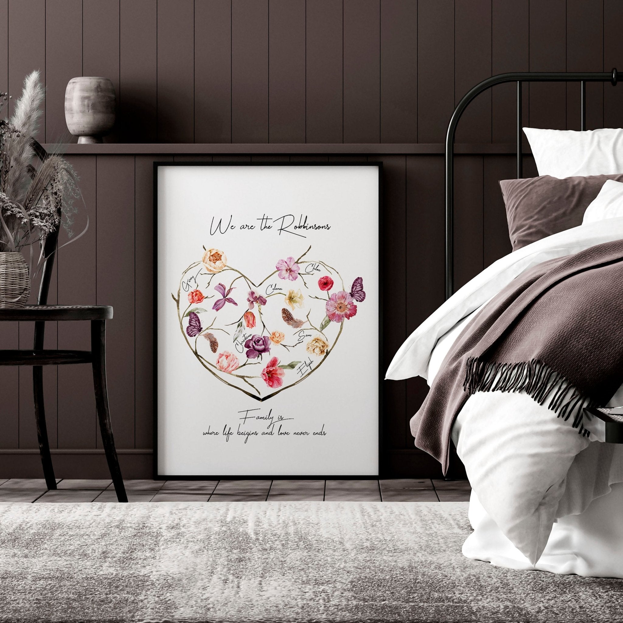 A beautifully designed Family Tree Wall Art Print featuring a blossoming heart design with customizable family names, perfect for home decor.