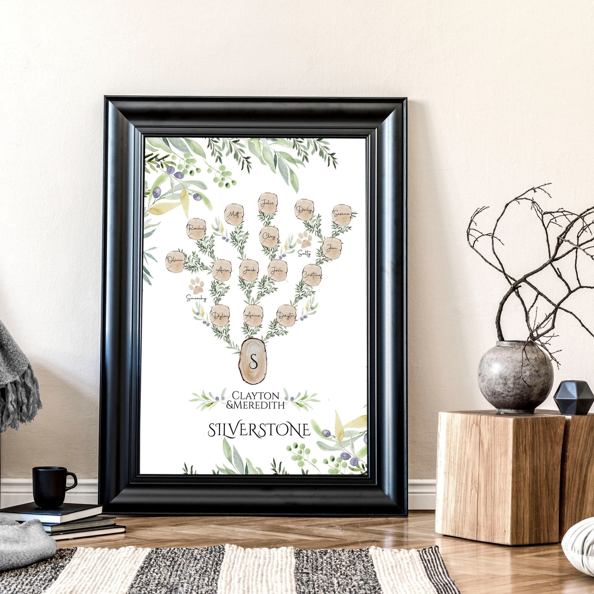 Personalised Family Tree Wall Art Print featuring custom names and a heartfelt quote, beautifully designed for home decor.