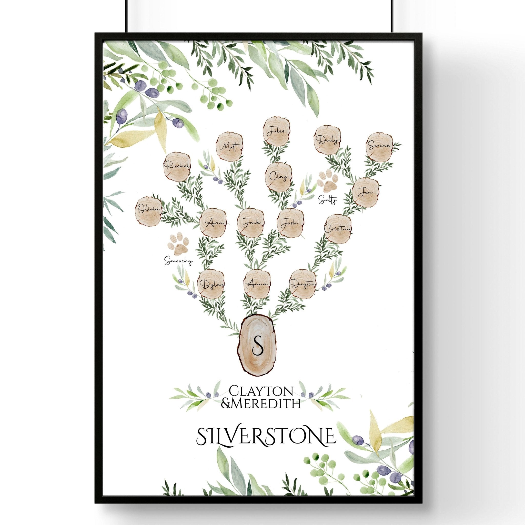 Personalised Family Tree Wall Art Print featuring custom names and a heartfelt quote, beautifully designed for home decor.