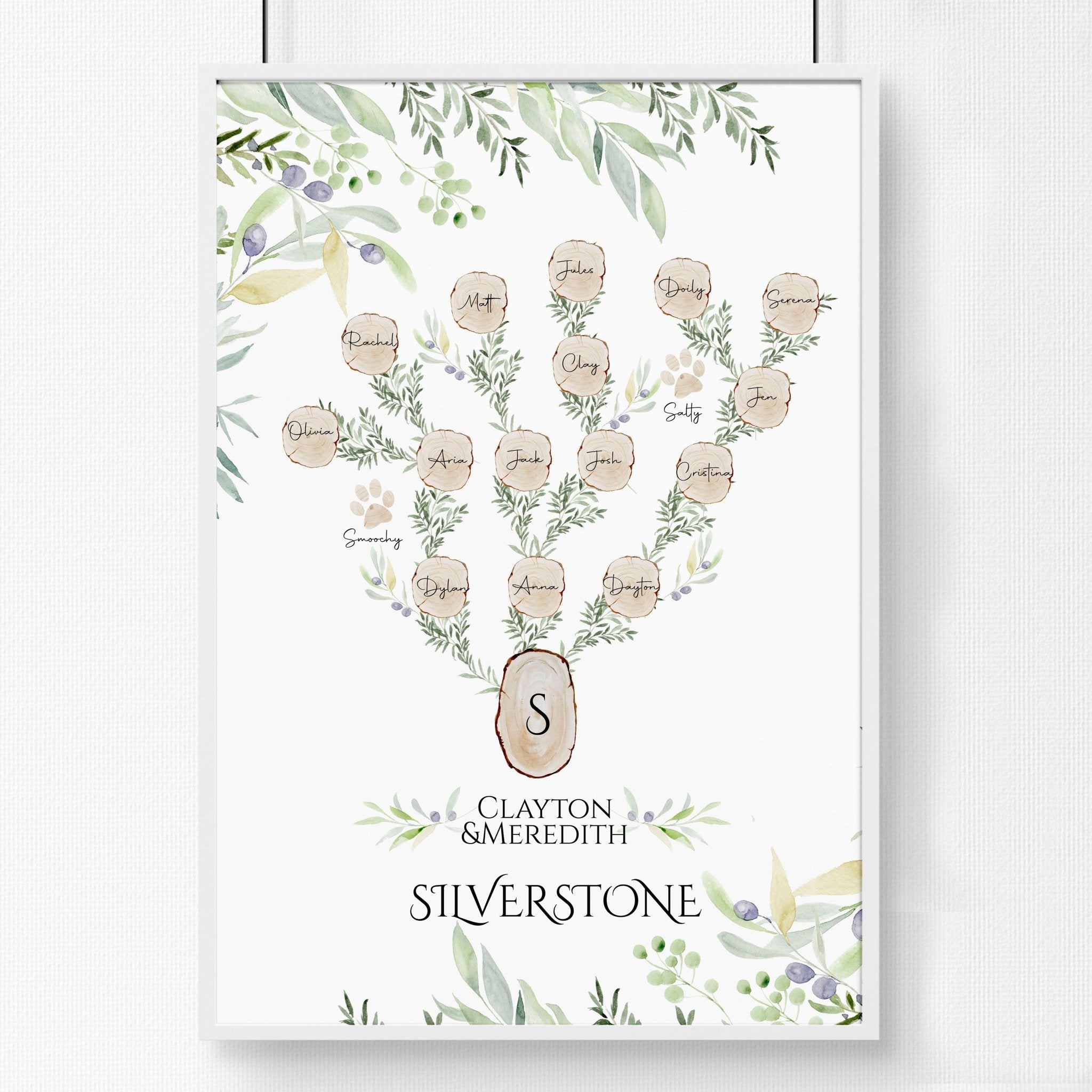 Personalised Family Tree Wall Art Print featuring custom names and a heartfelt quote, beautifully designed for home decor.