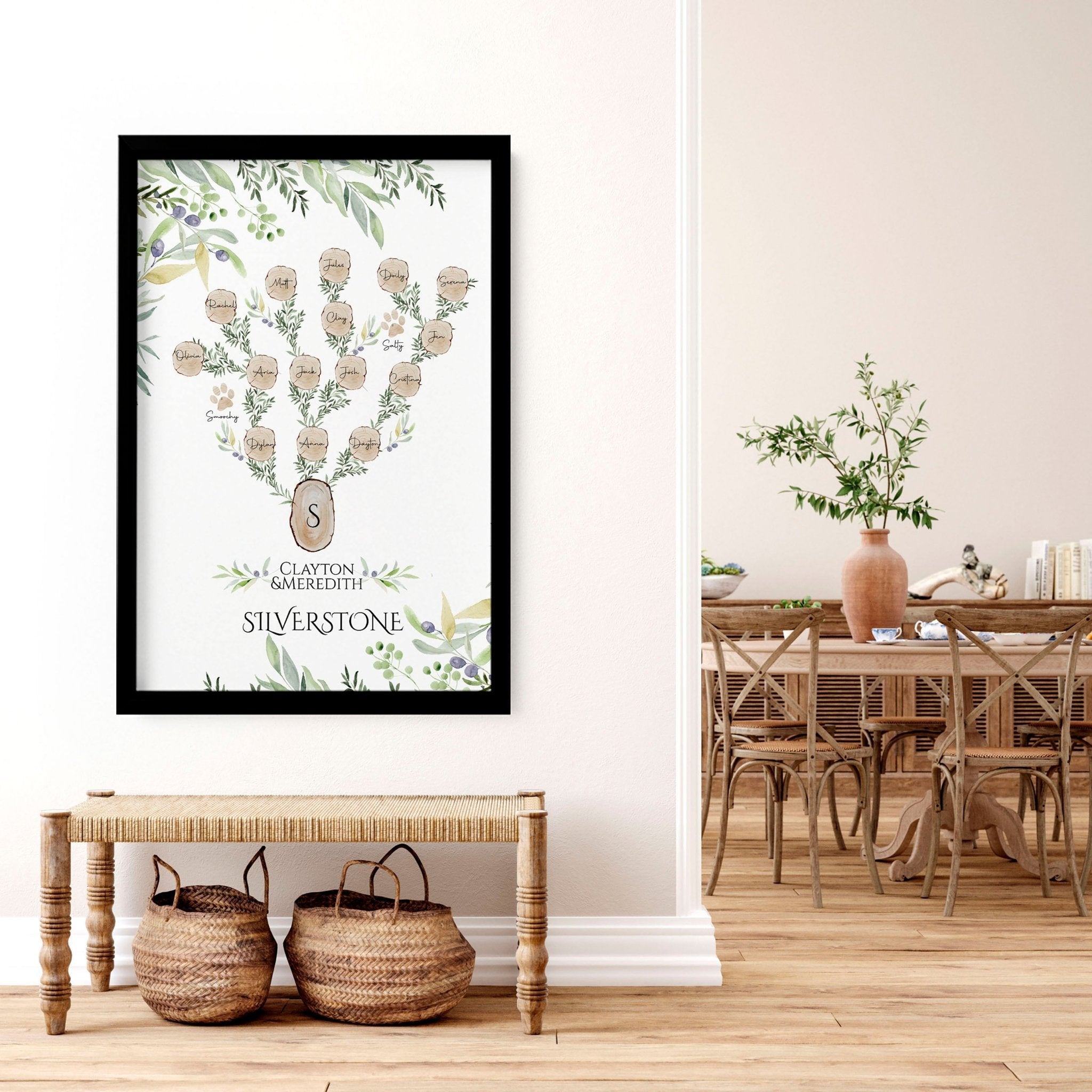 Personalised Family Tree Wall Art Print featuring custom names and a heartfelt quote, beautifully designed for home decor.