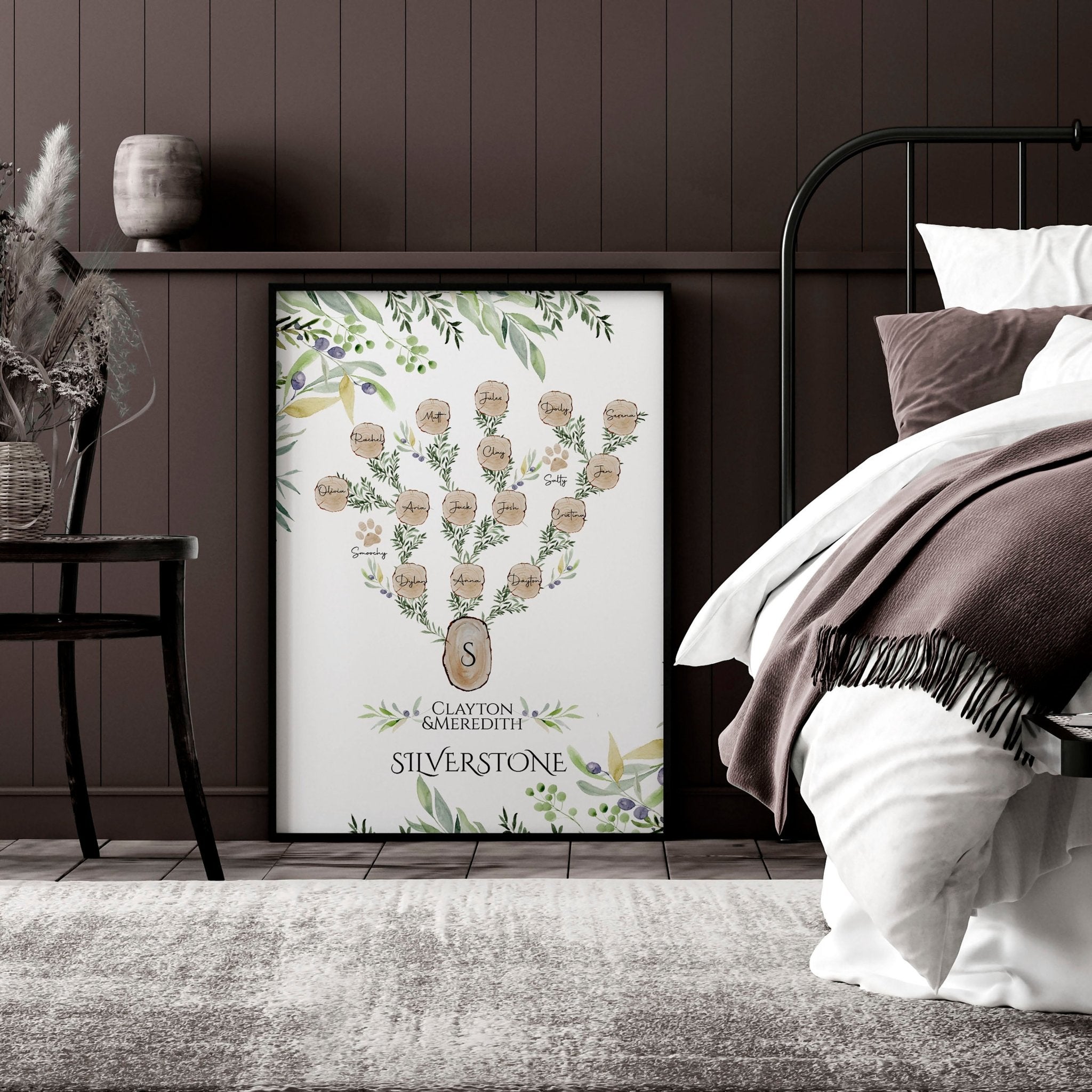 Personalised Family Tree Wall Art Print featuring custom names and a heartfelt quote, beautifully designed for home decor.