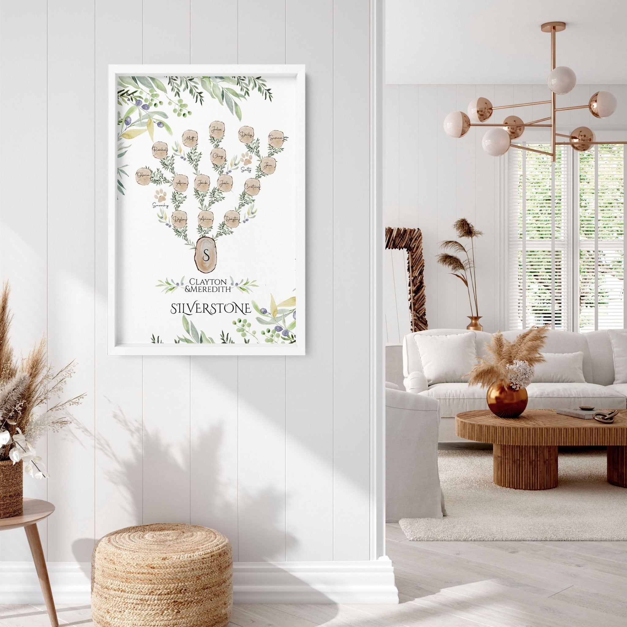 Personalised Family Tree Wall Art Print featuring custom names and a heartfelt quote, beautifully designed for home decor.