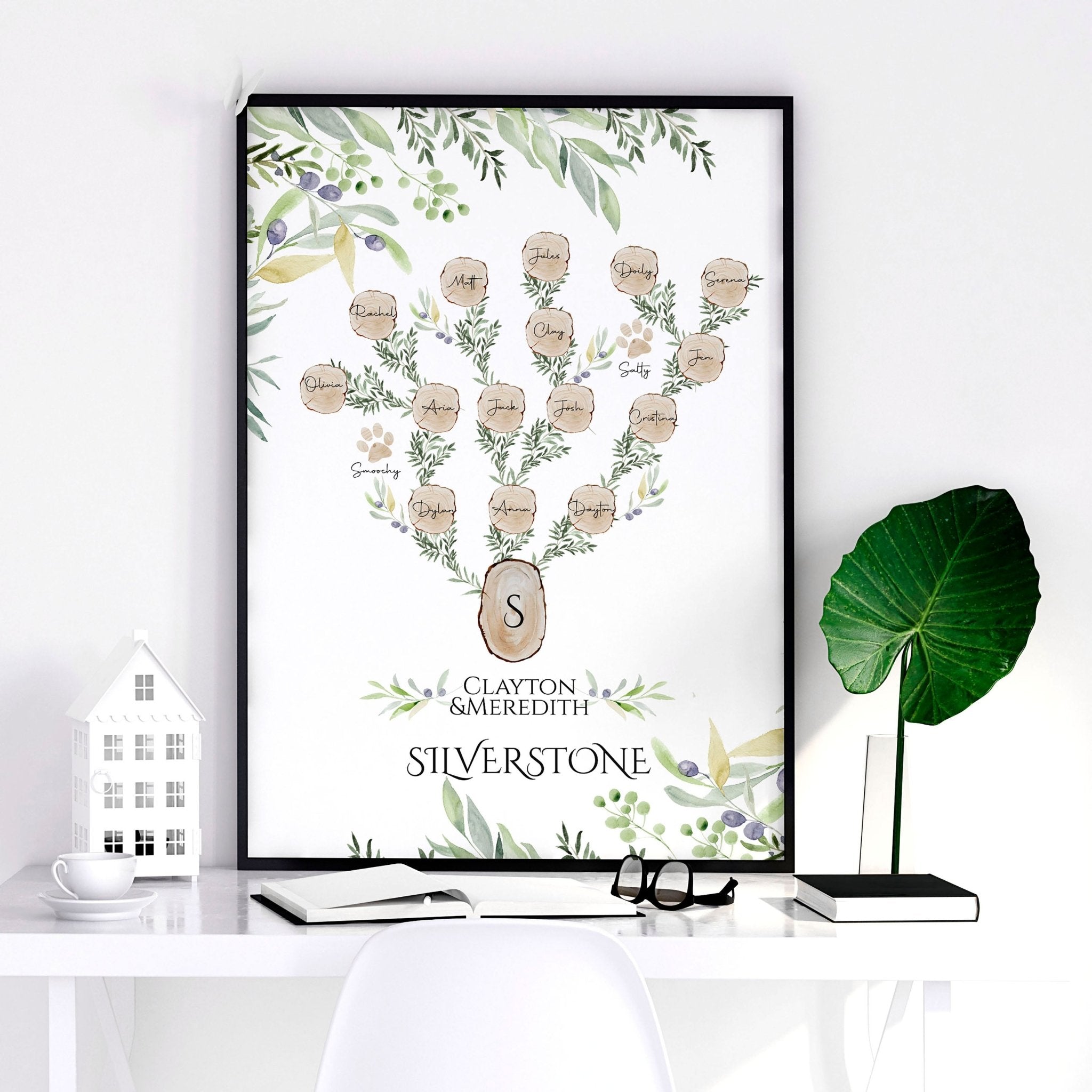 Personalised Family Tree Wall Art Print featuring custom names and a heartfelt quote, beautifully designed for home decor.