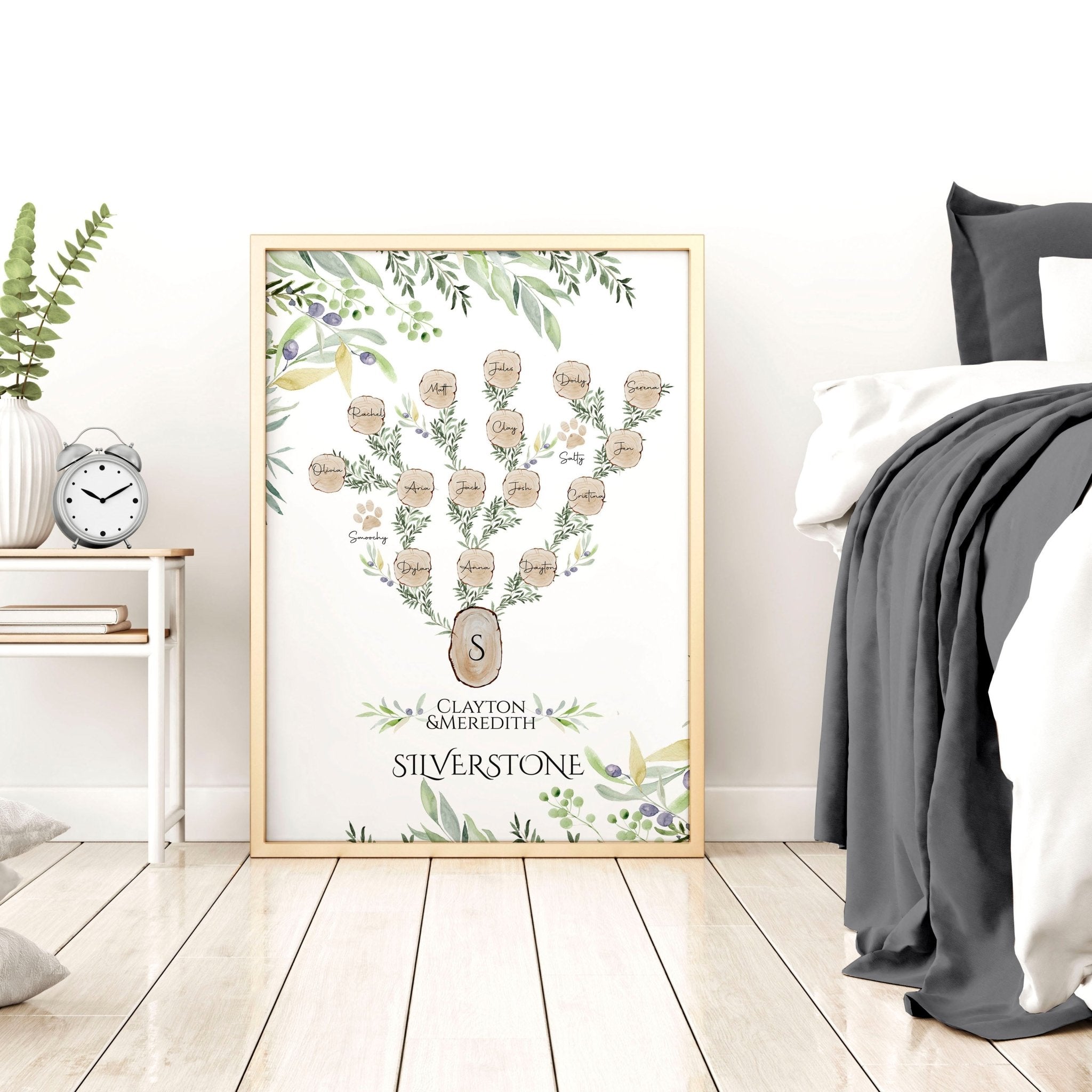 Personalised Family Tree Wall Art Print featuring custom names and a heartfelt quote, beautifully designed for home decor.