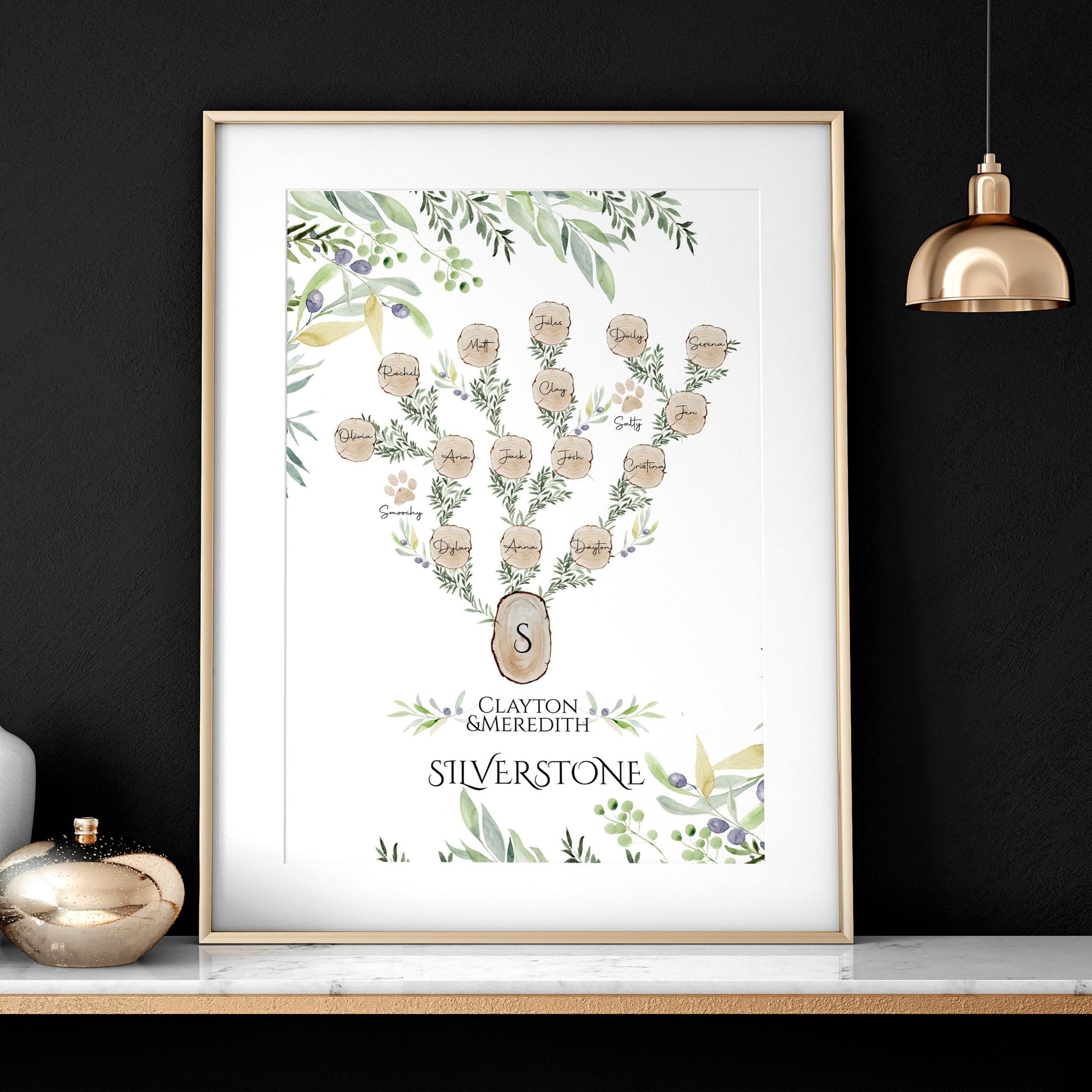 Personalised Family Tree Wall Art Print featuring custom names and a heartfelt quote, beautifully designed for home decor.