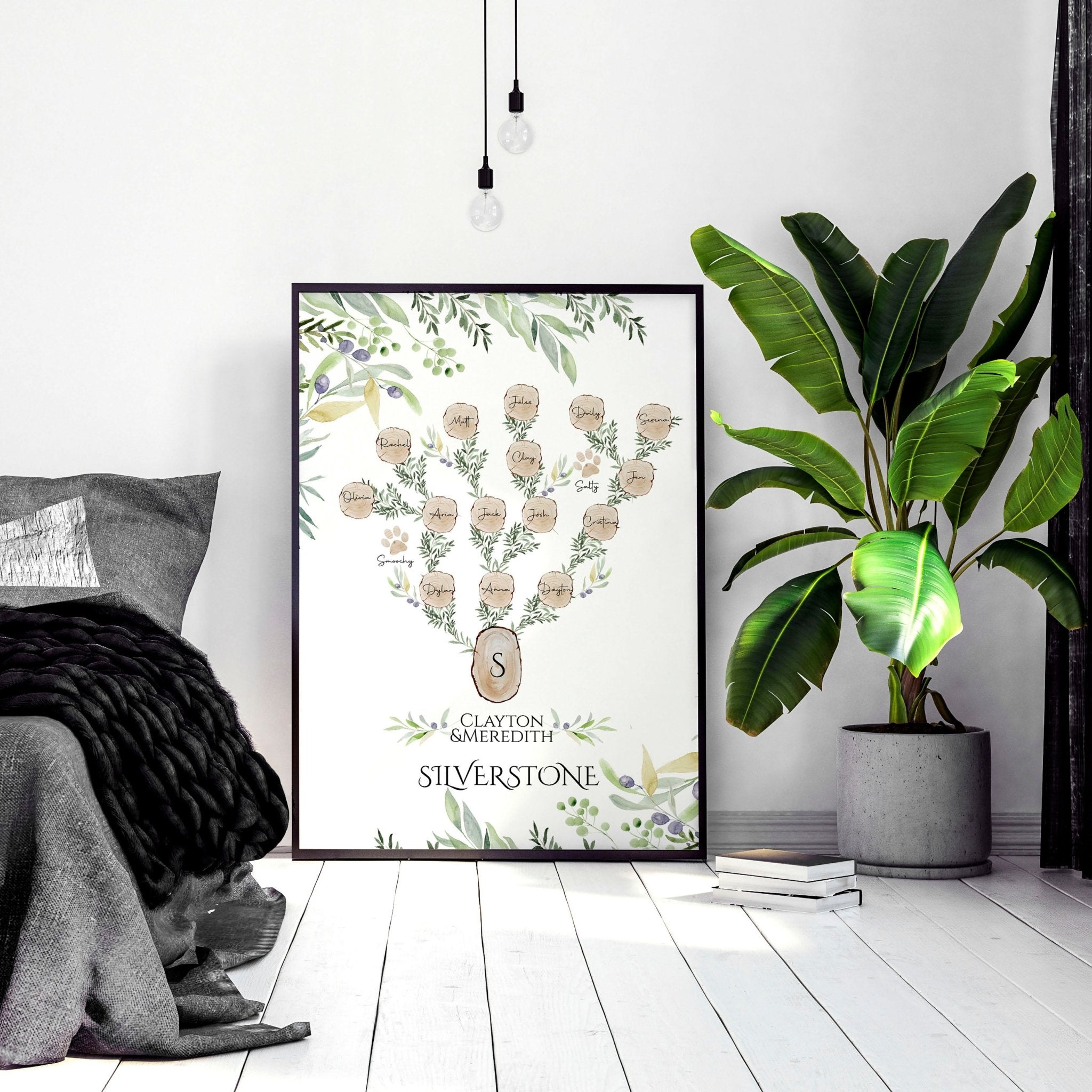 Personalised Family Tree Wall Art Print featuring custom names and a heartfelt quote, beautifully designed for home decor.