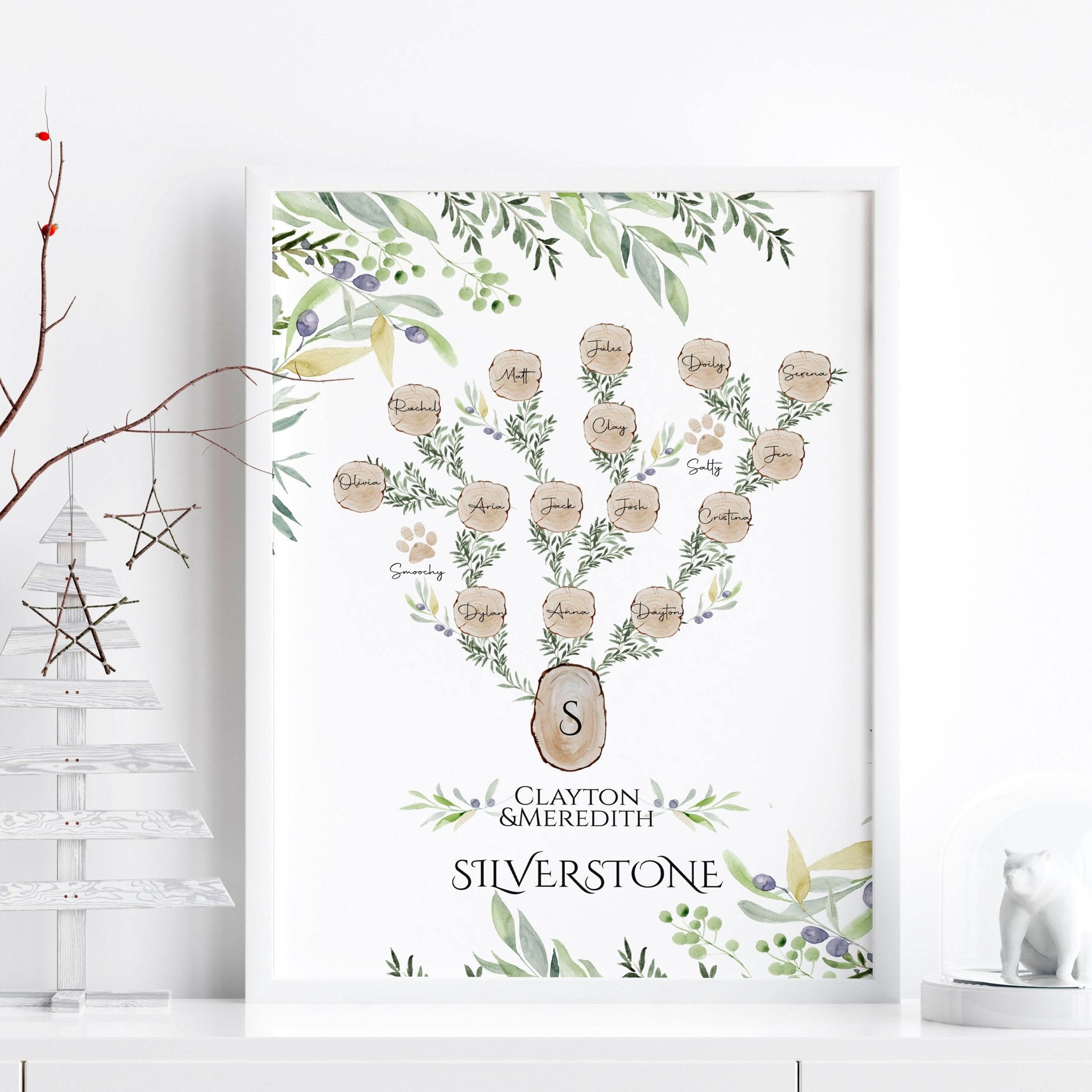 Personalised Family Tree Wall Art Print featuring custom names and a heartfelt quote, beautifully designed for home decor.