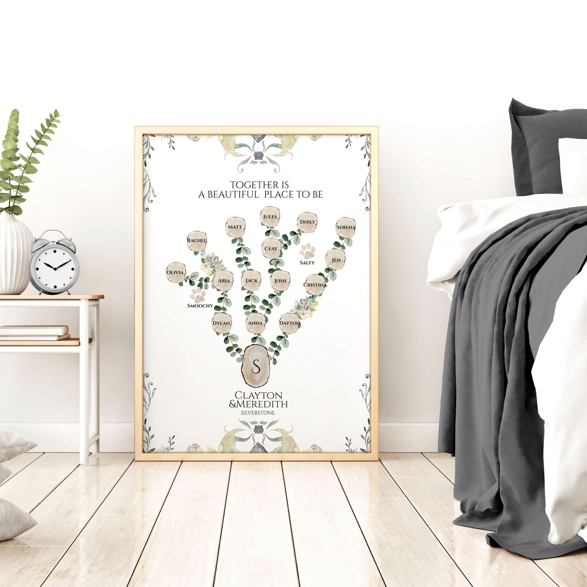 Personalised family tree wall art print showcasing names of family members, beautifully designed for home decor.