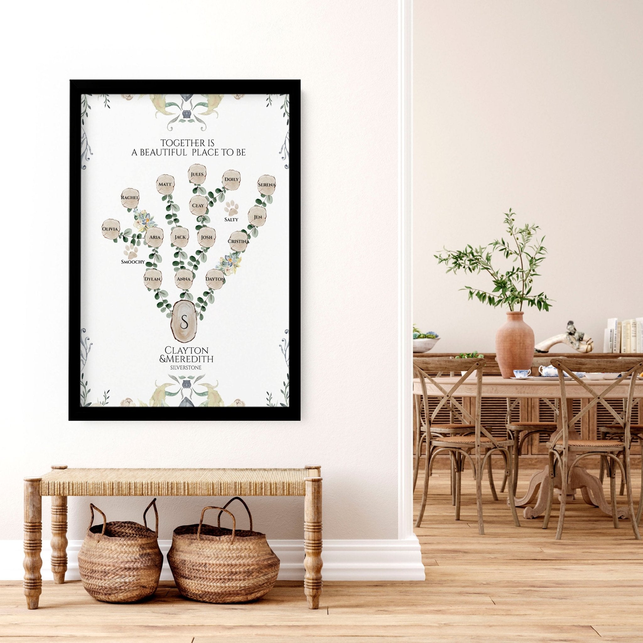 Personalised family tree wall art print showcasing names of family members, beautifully designed for home decor.