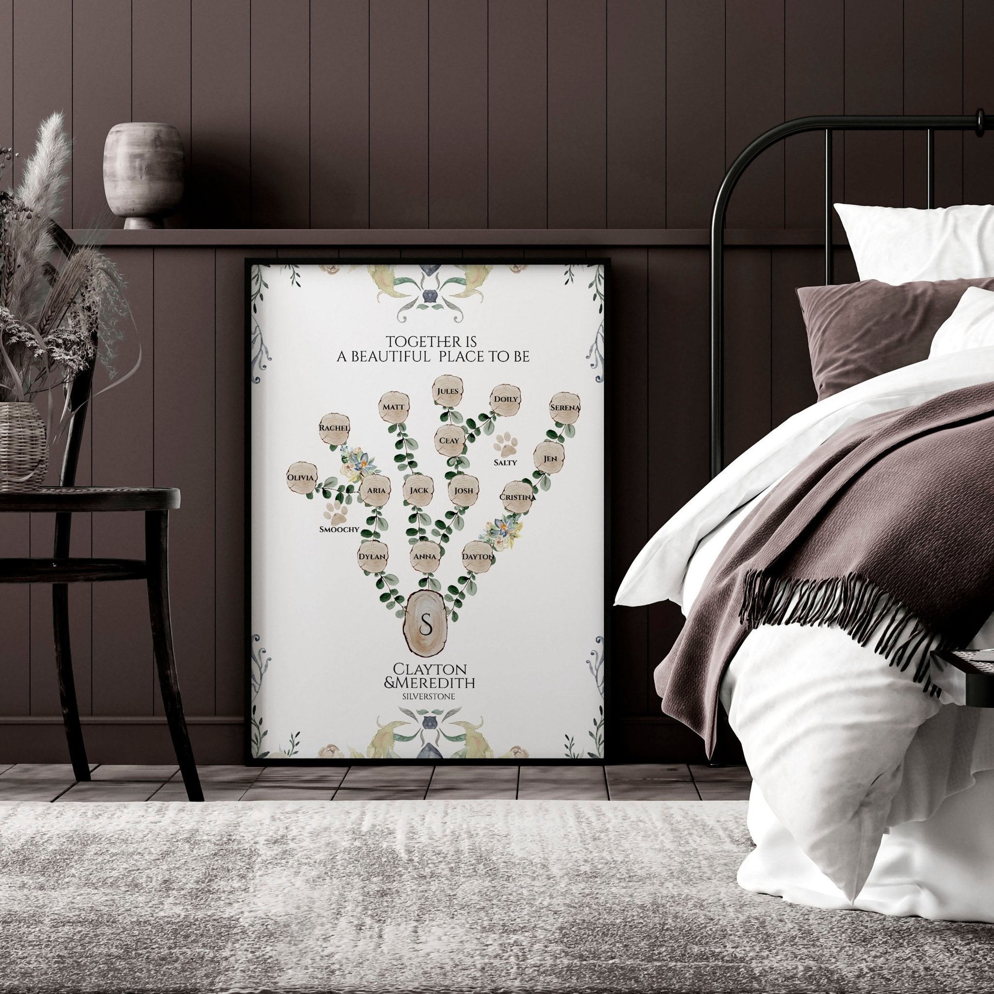 Personalised family tree wall art print showcasing names of family members, beautifully designed for home decor.