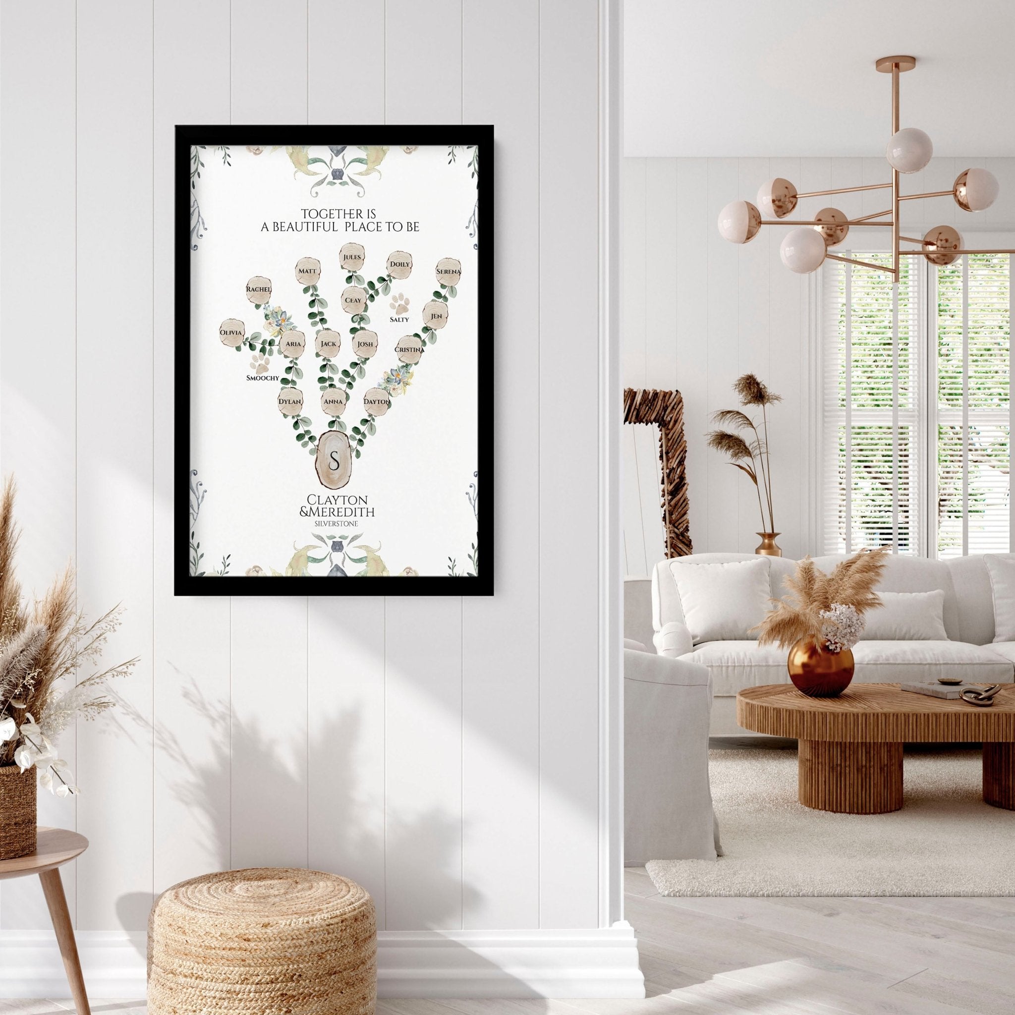 Personalised family tree wall art print showcasing names of family members, beautifully designed for home decor.