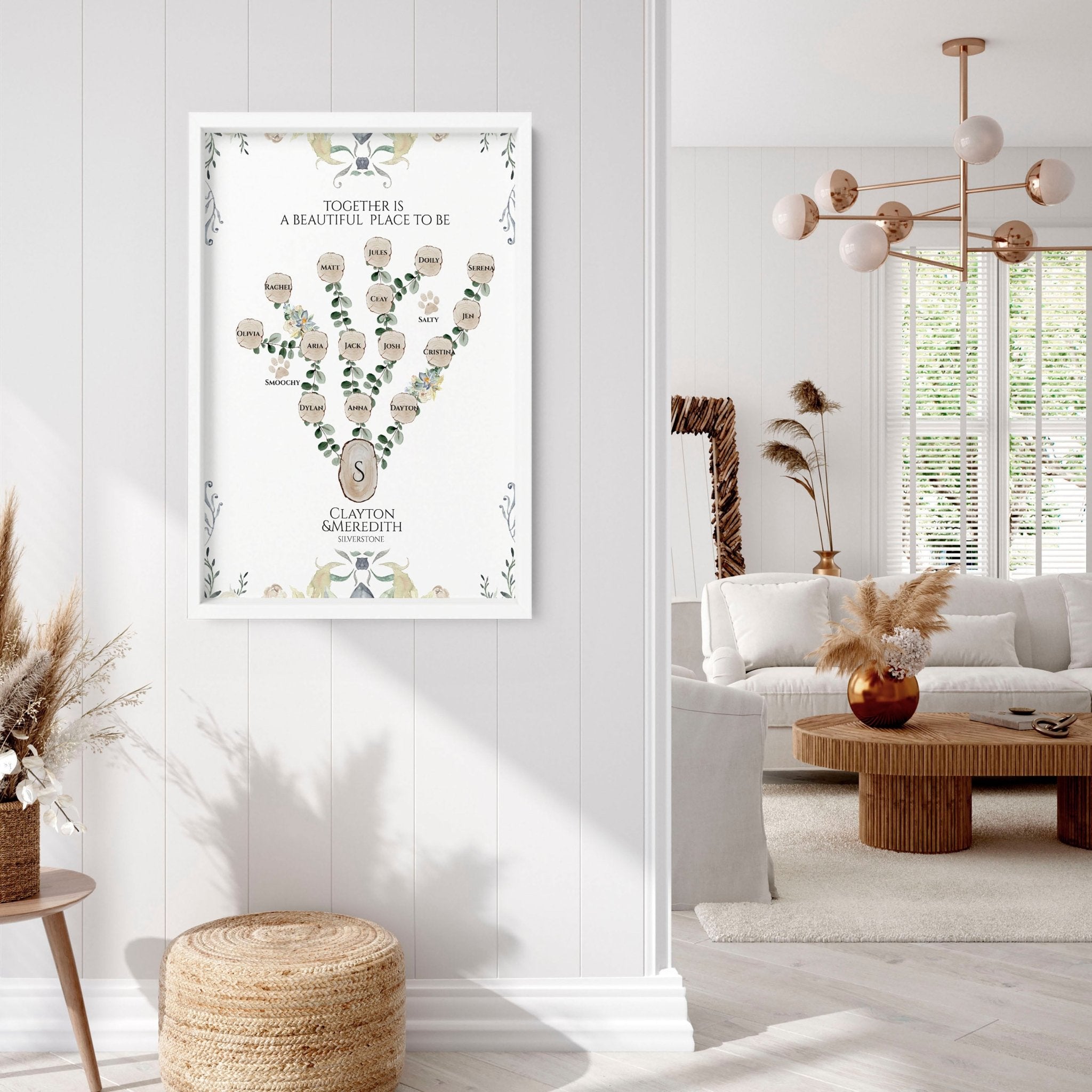 Personalised family tree wall art print showcasing names of family members, beautifully designed for home decor.