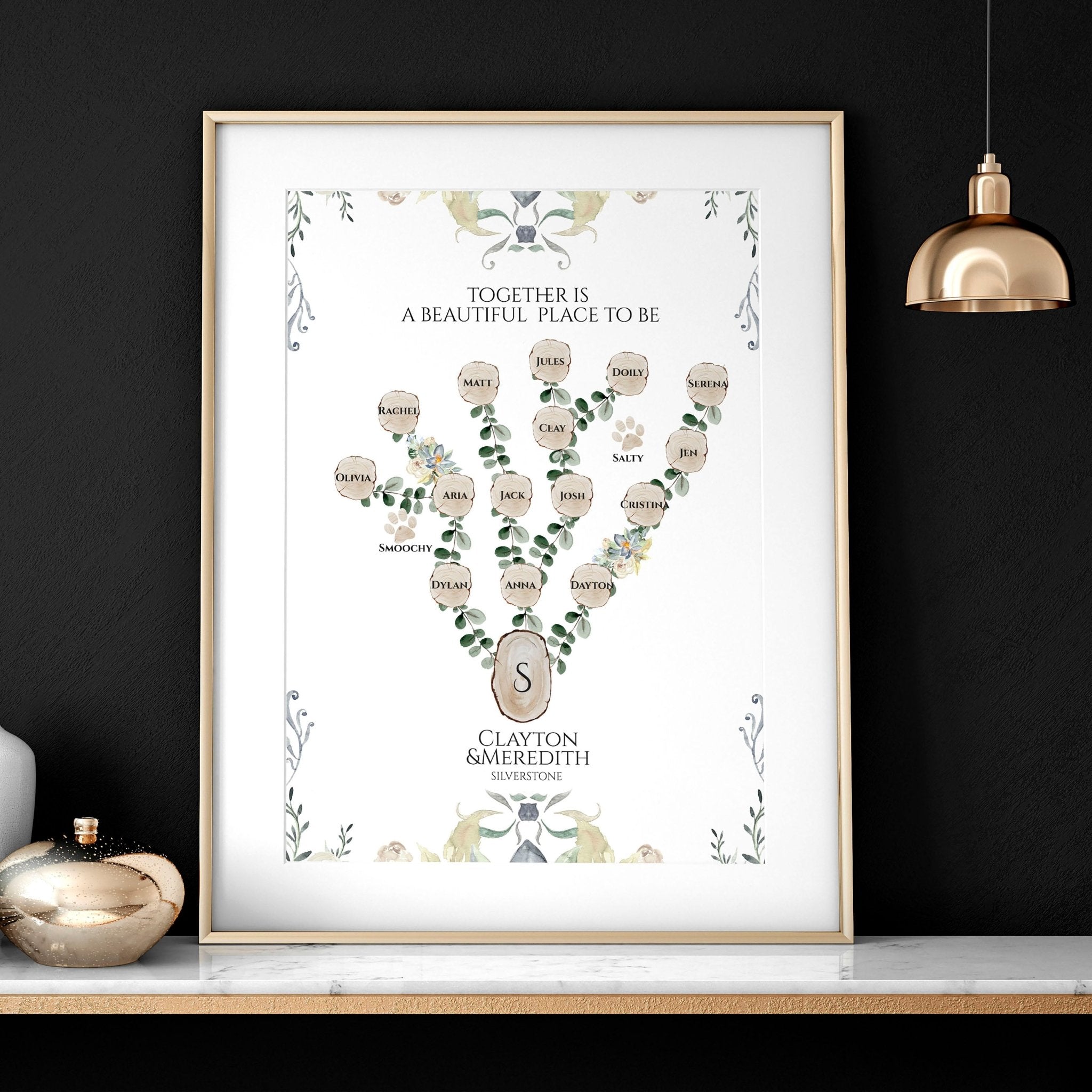 Personalised family tree wall art print showcasing names of family members, beautifully designed for home decor.