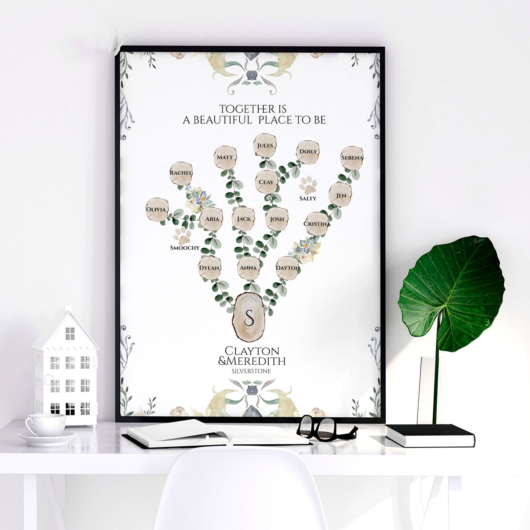 Personalised family tree wall art print showcasing names of family members, beautifully designed for home decor.