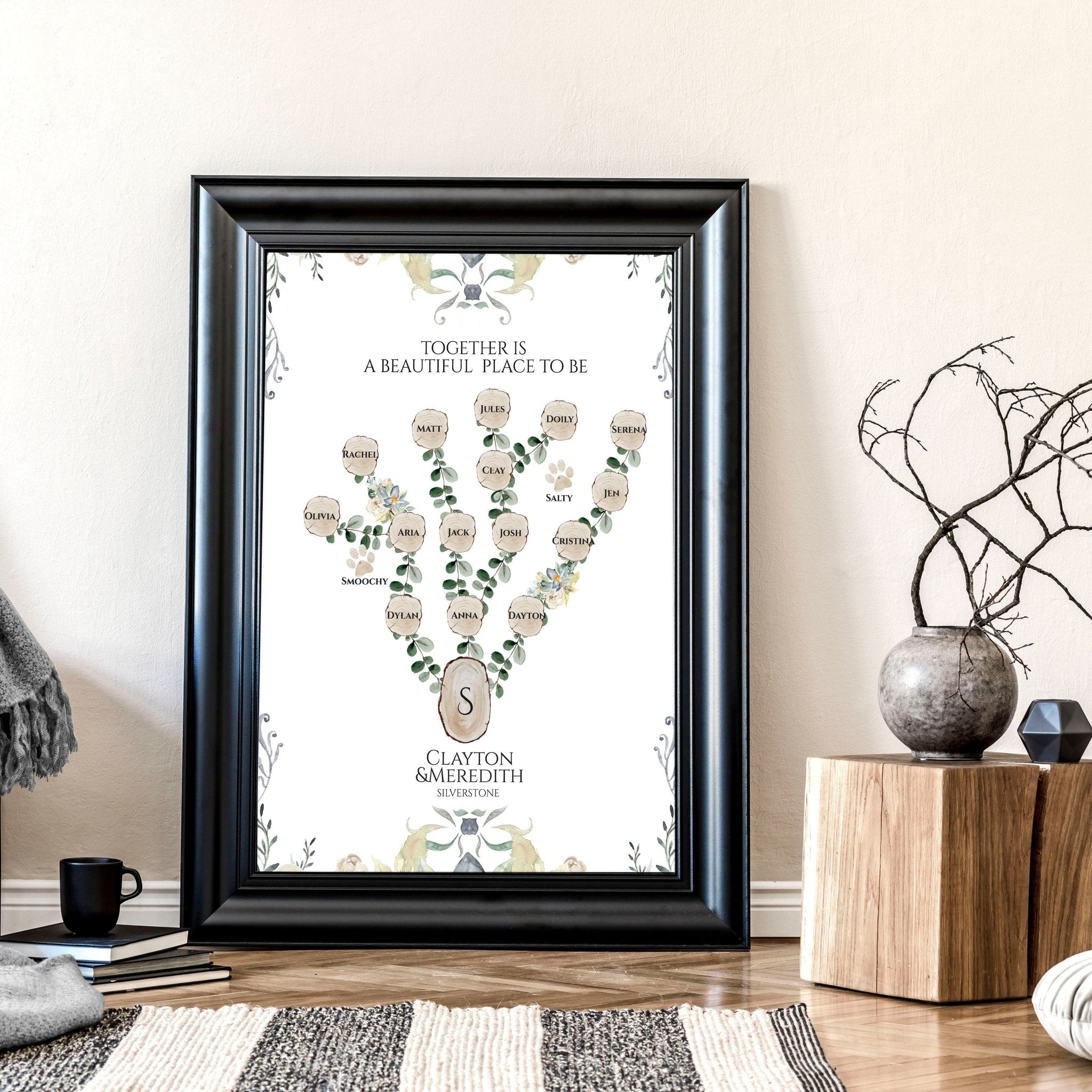 Personalised family tree wall art print showcasing names of family members, beautifully designed for home decor.