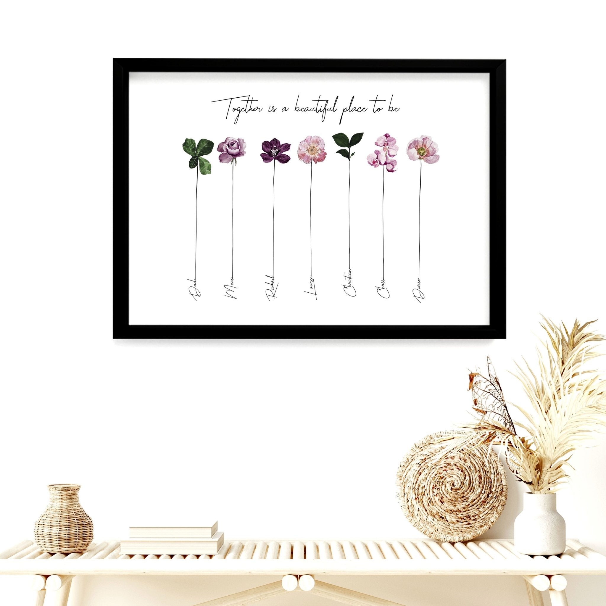 Custom family tree picture frame wall art print featuring a delicate flower arrangement and personalized names, perfect for home decor.