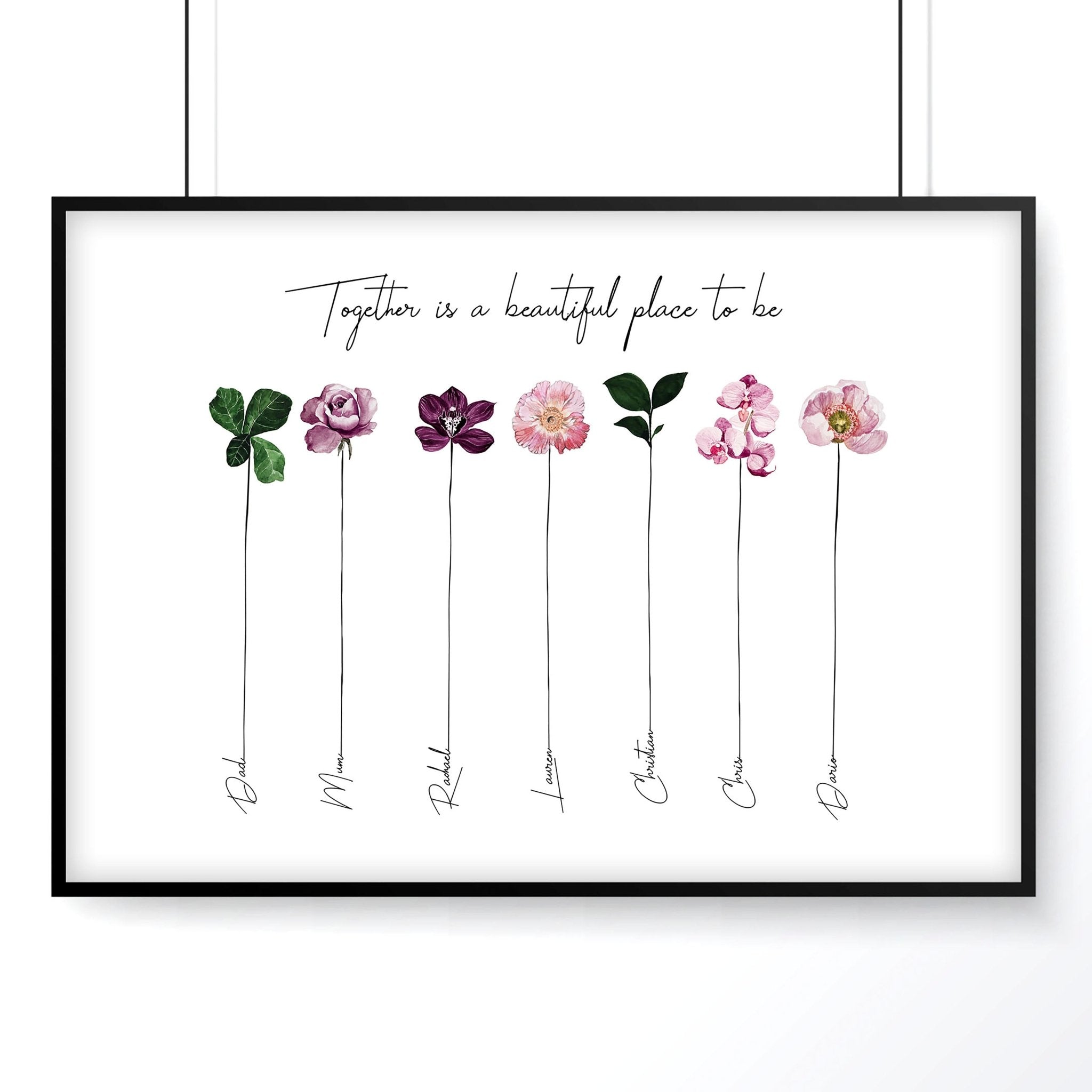 Custom family tree picture frame wall art print featuring a delicate flower arrangement and personalized names, perfect for home decor.