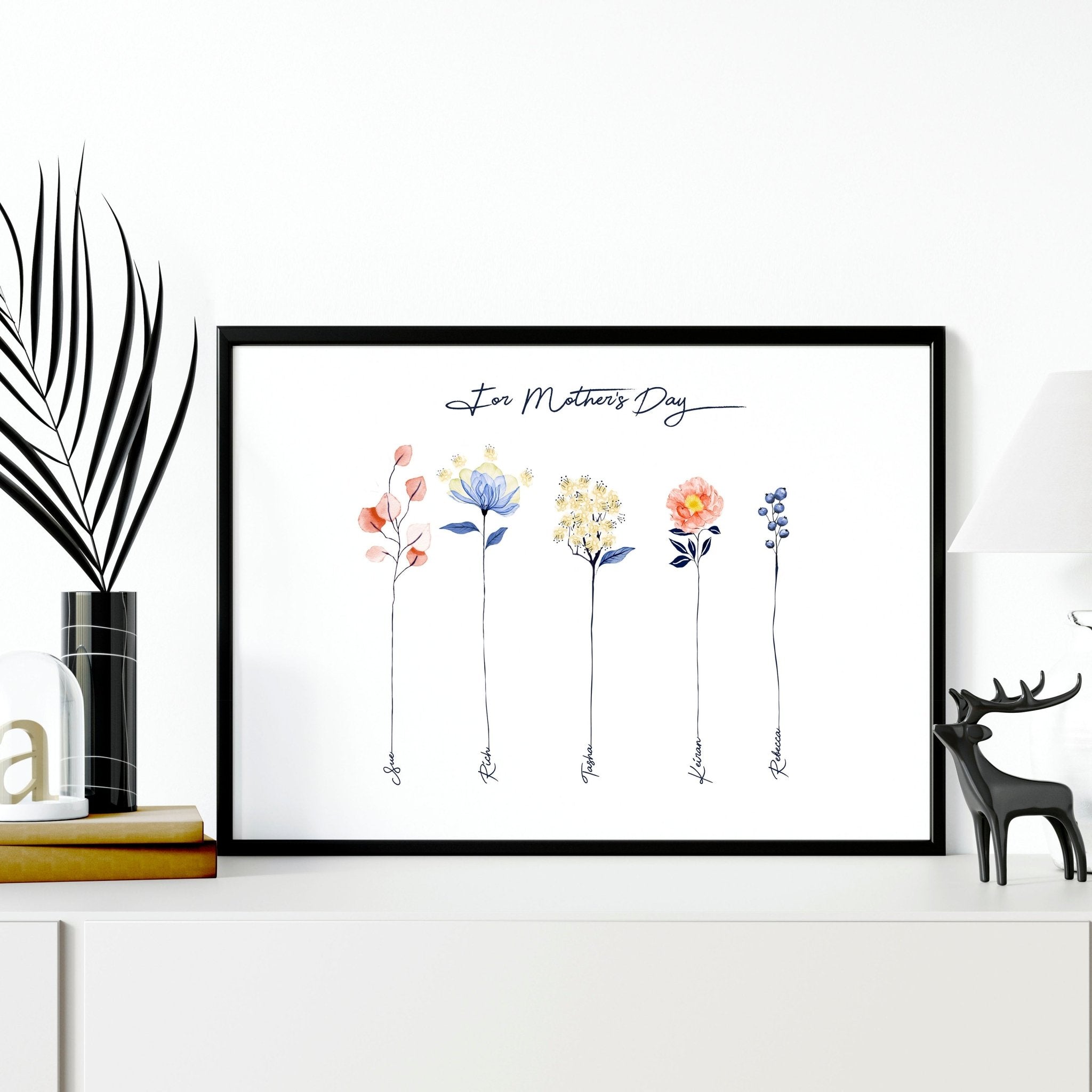 A beautifully designed Family Tree wall art print featuring delicate floral branches and customizable names, perfect for home decor.