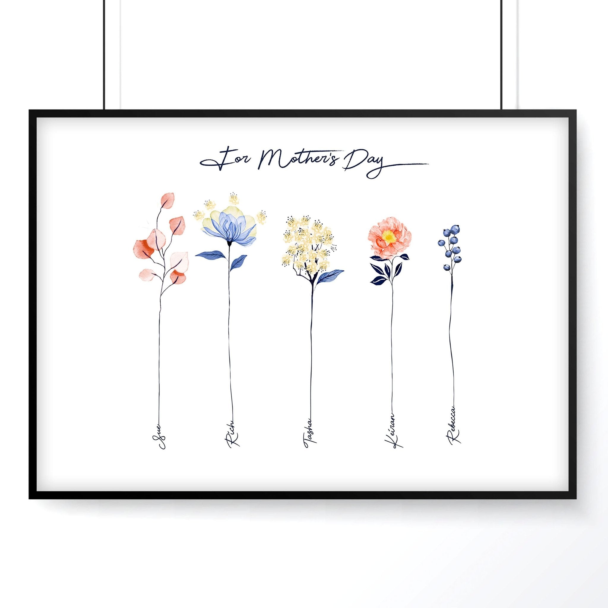 A beautifully designed Family Tree wall art print featuring delicate floral branches and customizable names, perfect for home decor.