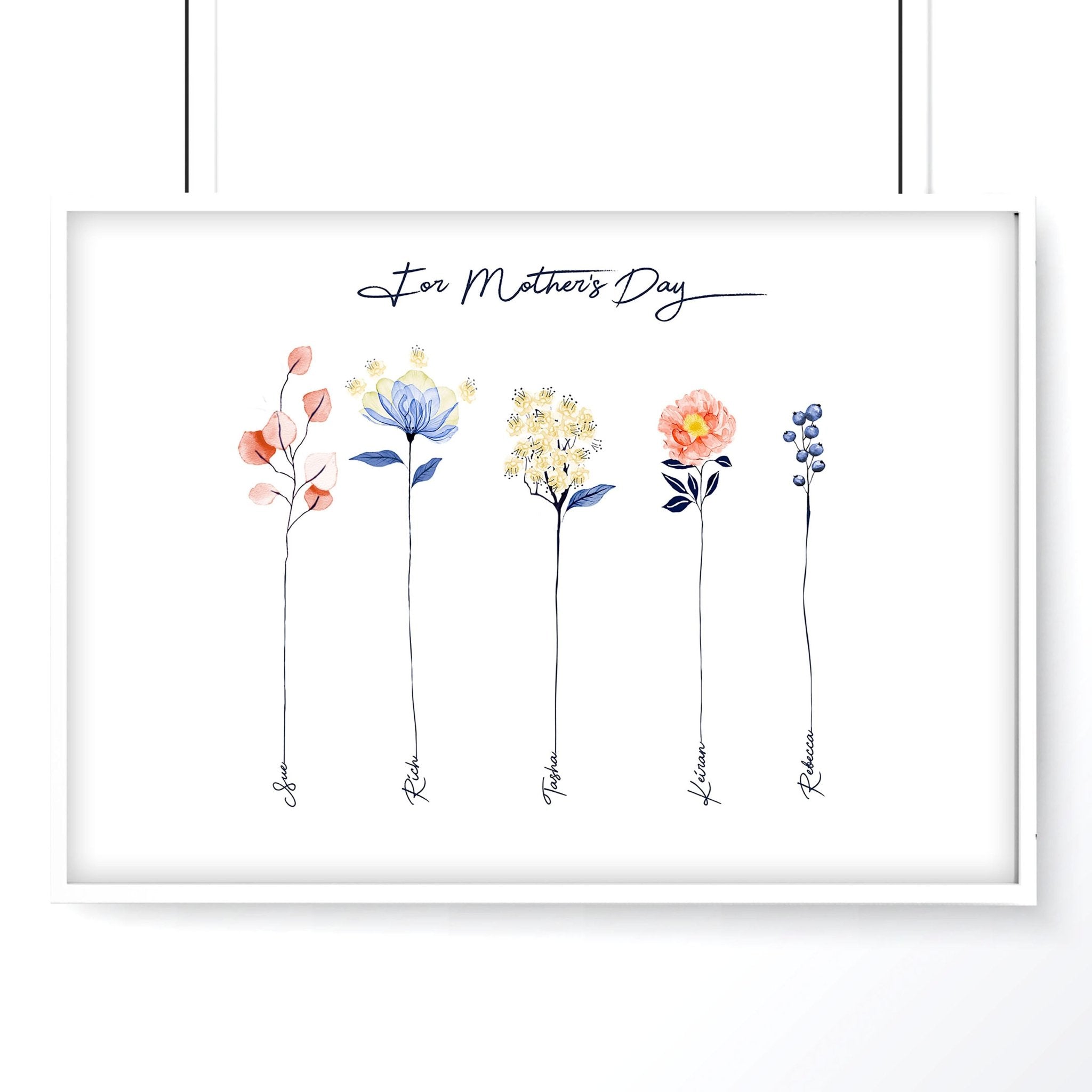 A beautifully designed Family Tree wall art print featuring delicate floral branches and customizable names, perfect for home decor.