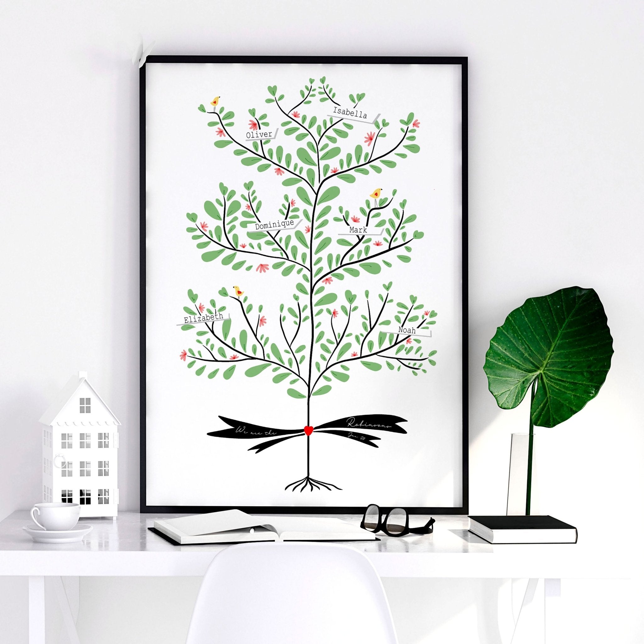 Custom family tree wall art print showcasing personalised names of family members across generations, beautifully designed for home decor.