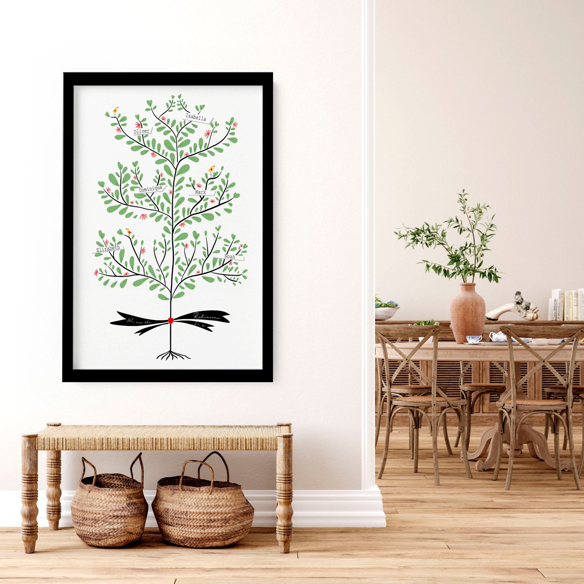 Custom family tree wall art print showcasing personalised names of family members across generations, beautifully designed for home decor.