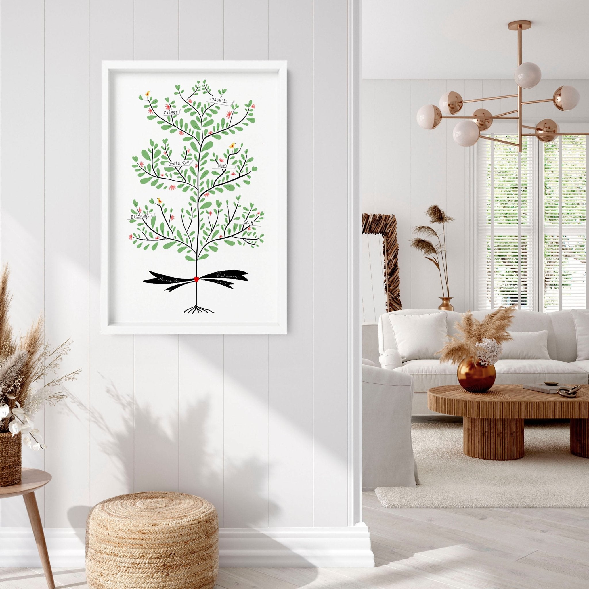 Custom family tree wall art print showcasing personalised names of family members across generations, beautifully designed for home decor.