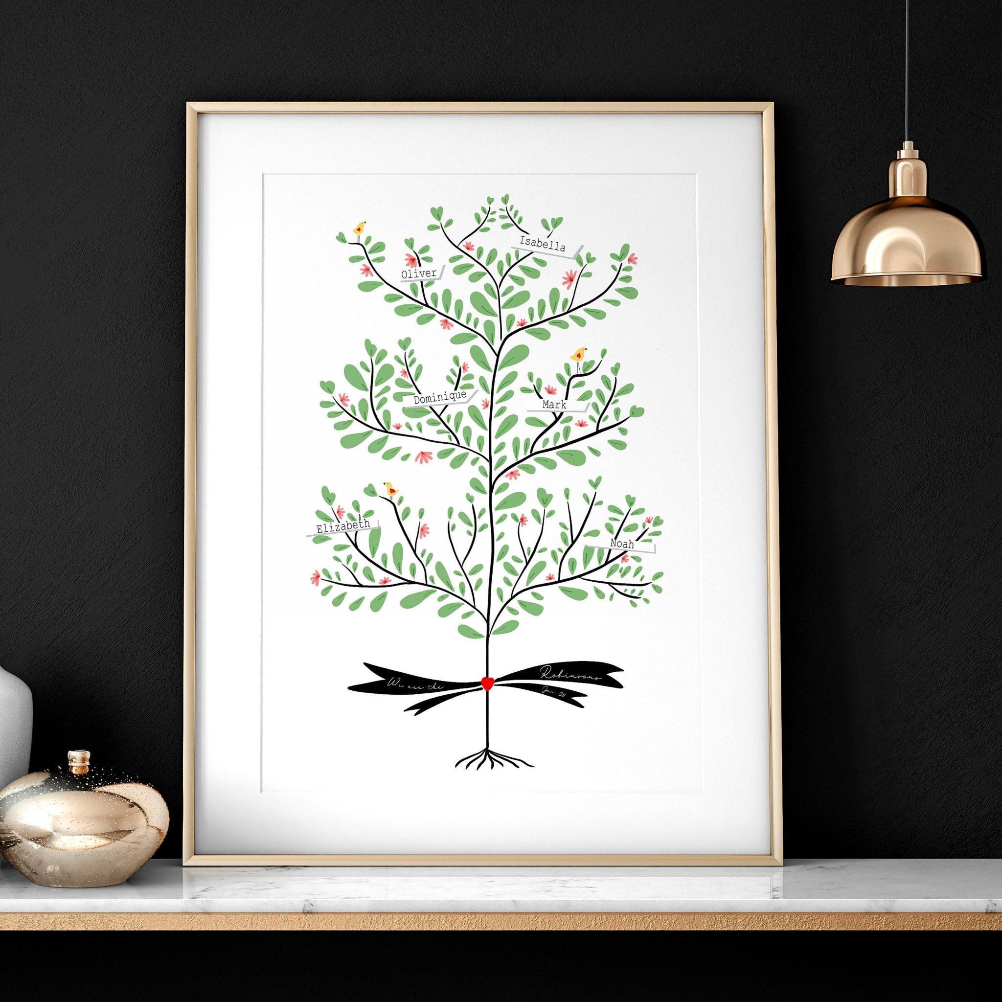 Custom family tree wall art print showcasing personalised names of family members across generations, beautifully designed for home decor.