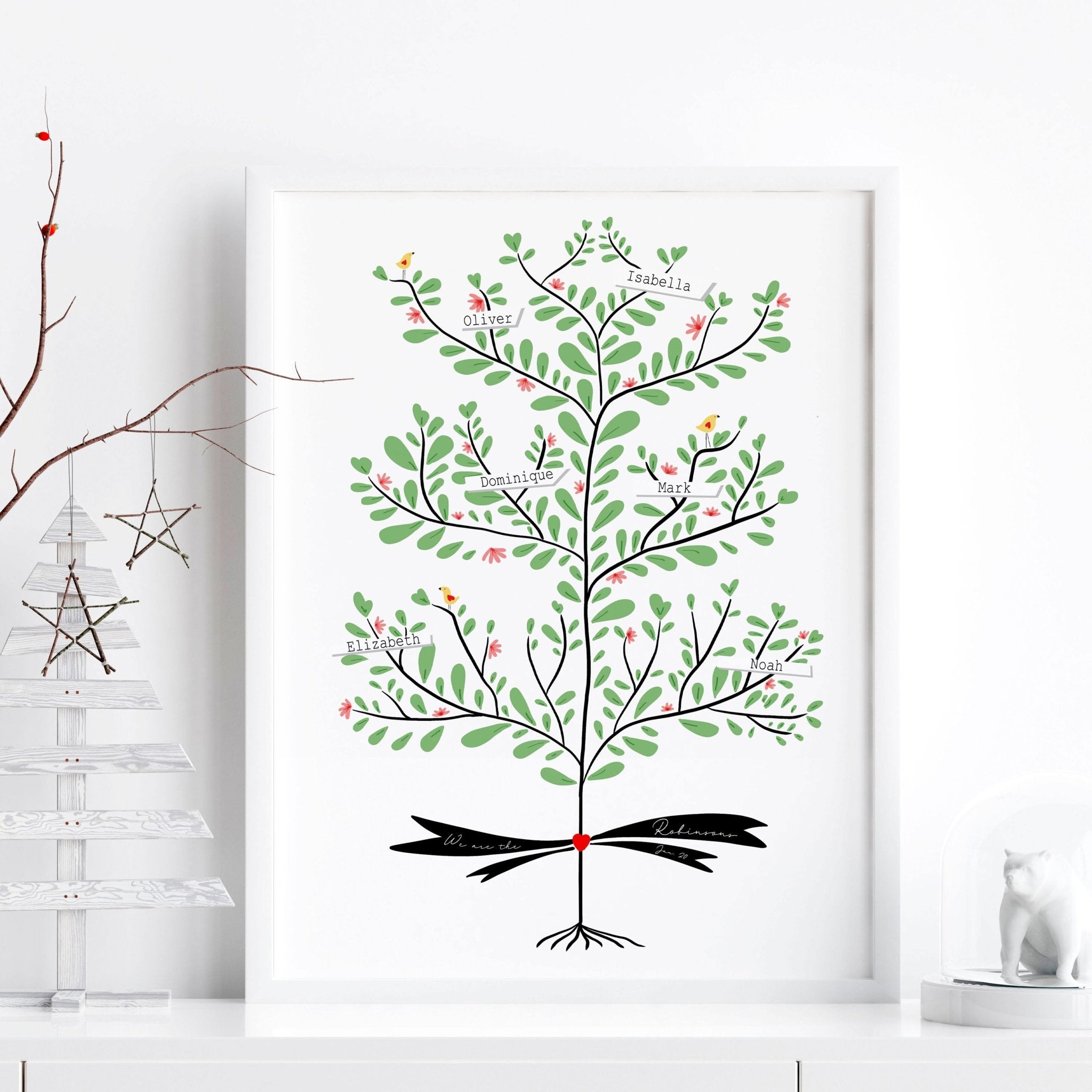 Custom family tree wall art print showcasing personalised names of family members across generations, beautifully designed for home decor.