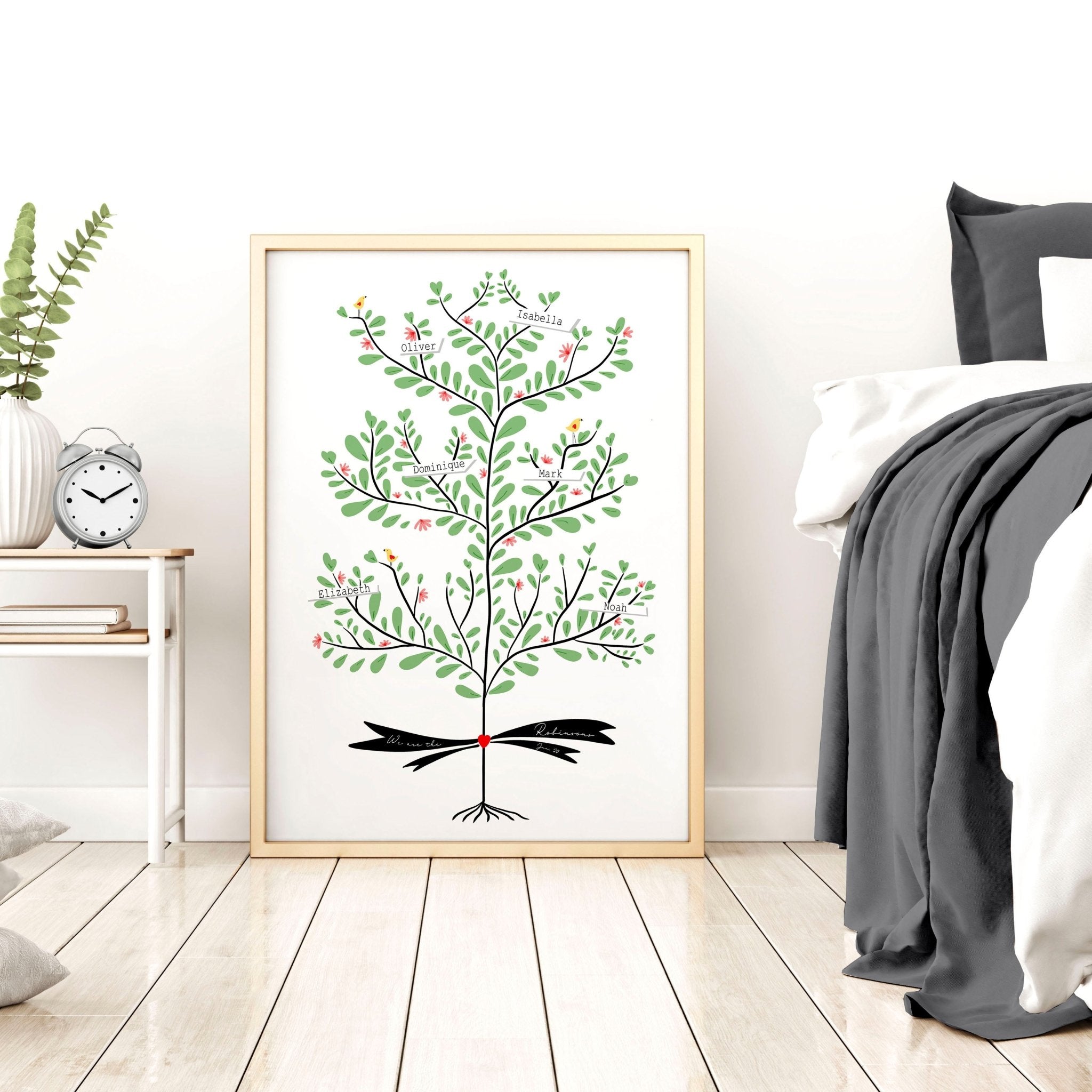 Custom family tree wall art print showcasing personalised names of family members across generations, beautifully designed for home decor.