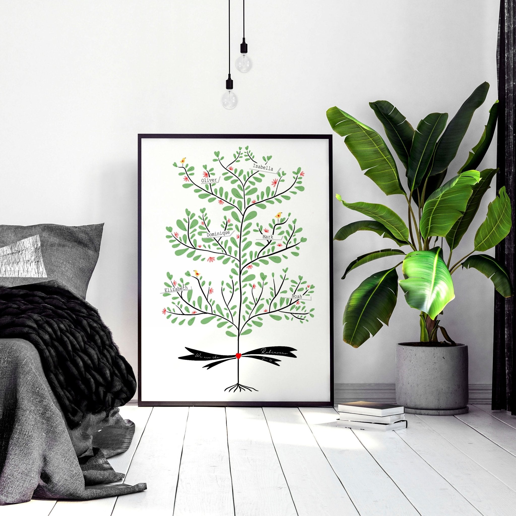 Custom family tree wall art print showcasing personalised names of family members across generations, beautifully designed for home decor.