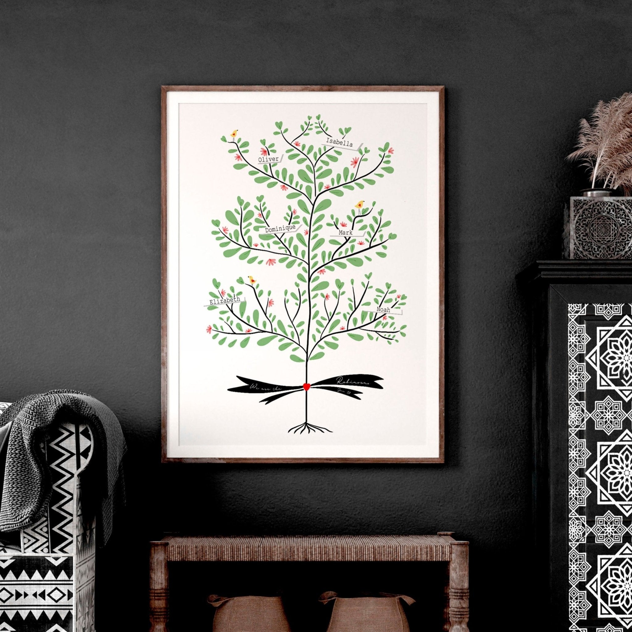 Custom family tree wall art print showcasing personalised names of family members across generations, beautifully designed for home decor.