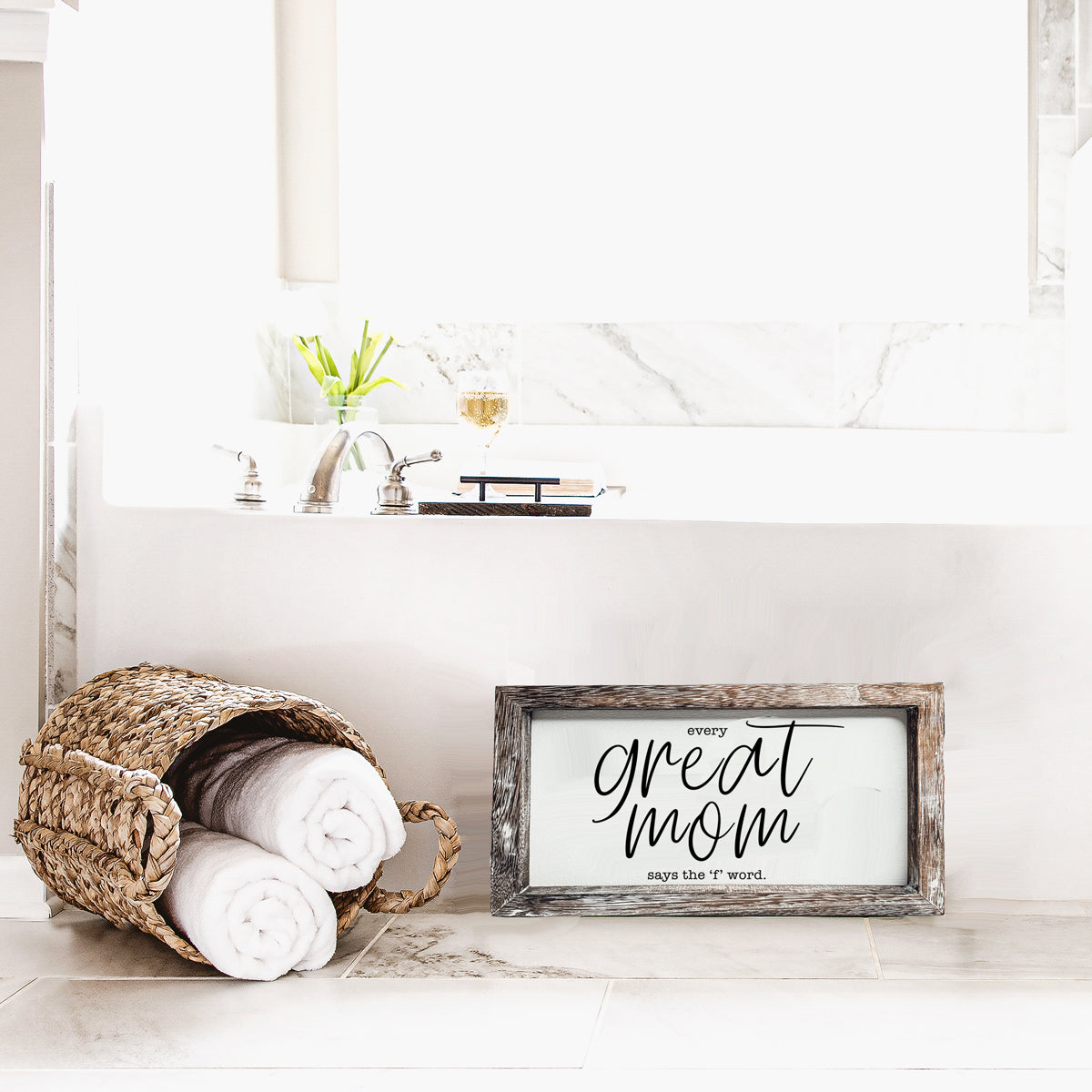 Great Mom Sign made of durable Paulownia wood, featuring the phrase 'Every Great Mom Says the 'F' Word', perfect for home decor.