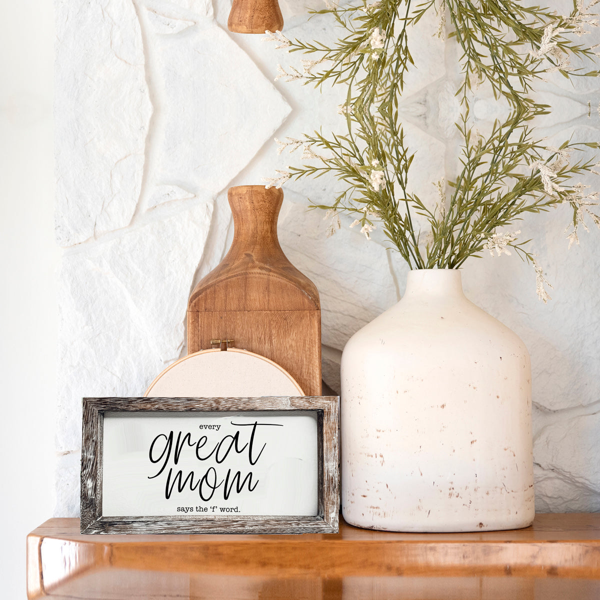 Great Mom Sign made of durable Paulownia wood, featuring the phrase 'Every Great Mom Says the 'F' Word', perfect for home decor.