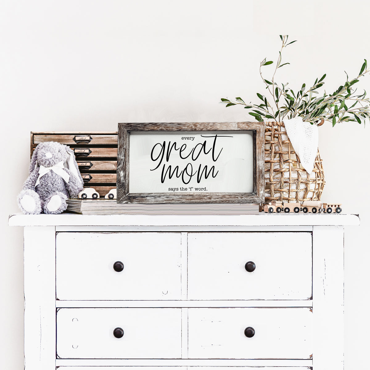 Great Mom Sign made of durable Paulownia wood, featuring the phrase 'Every Great Mom Says the 'F' Word', perfect for home decor.