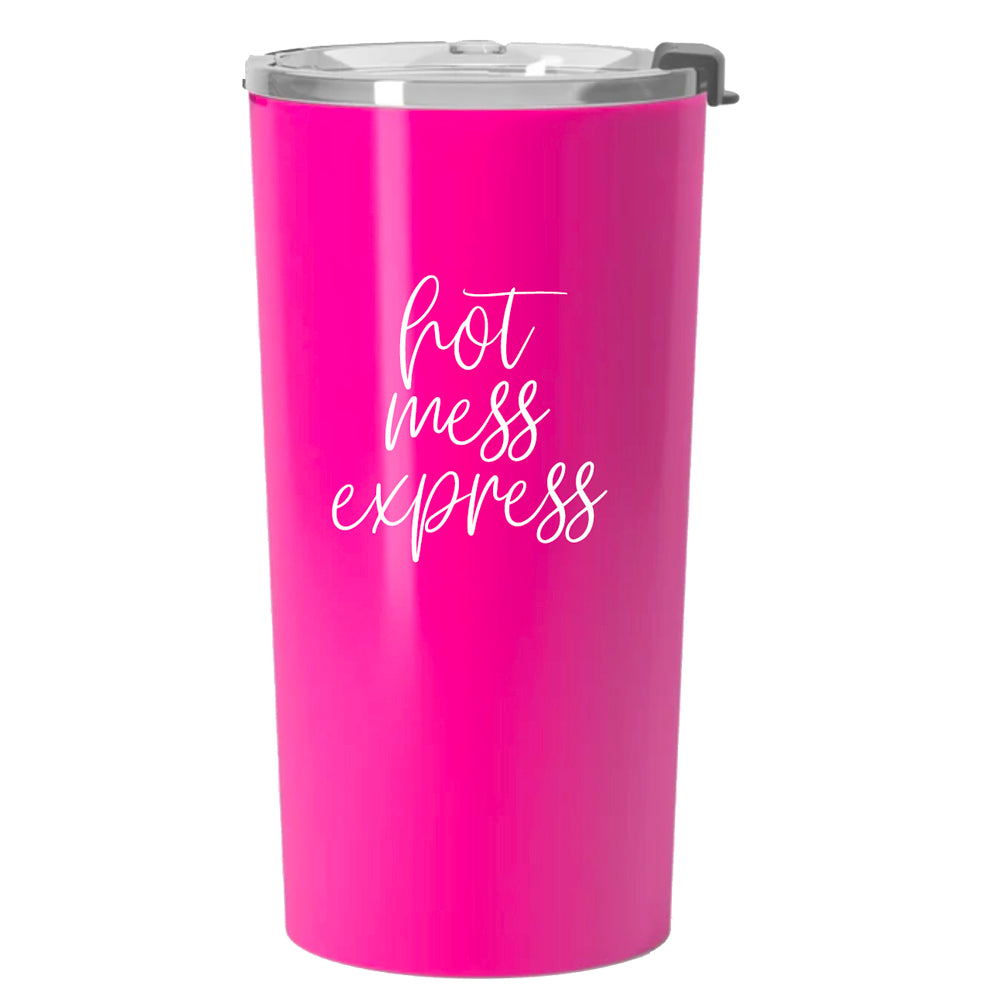 Pink tumbler with motivational quote.