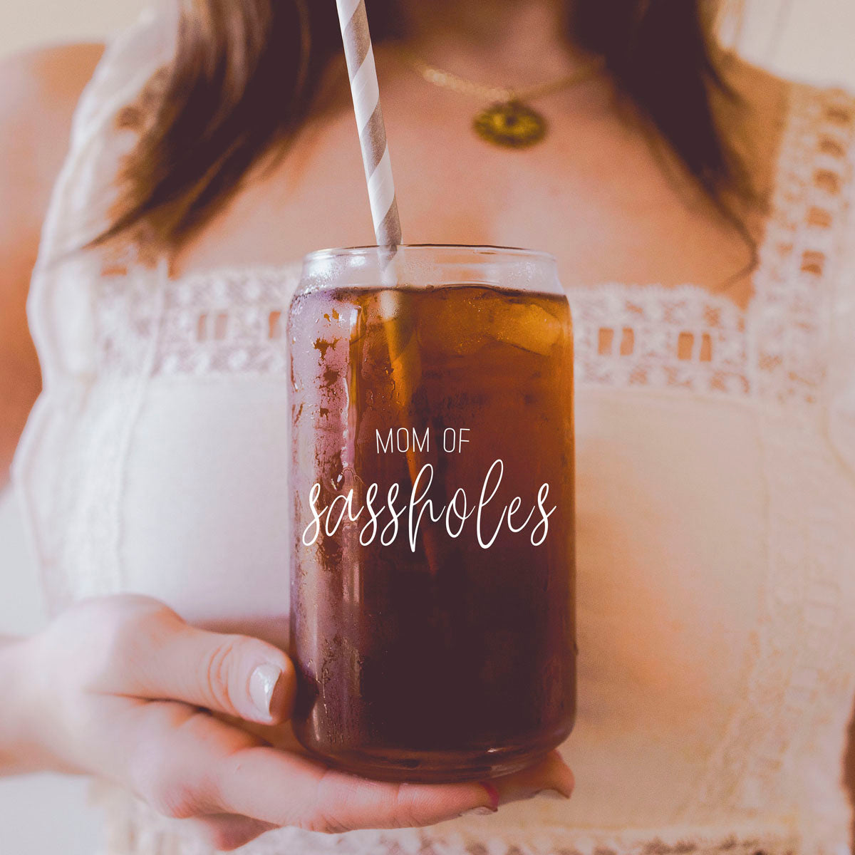 Mom of Sassholes Set featuring stylish glass cups with bamboo lids, stainless steel straws, and a straw cleaner, perfect for sassy moms.