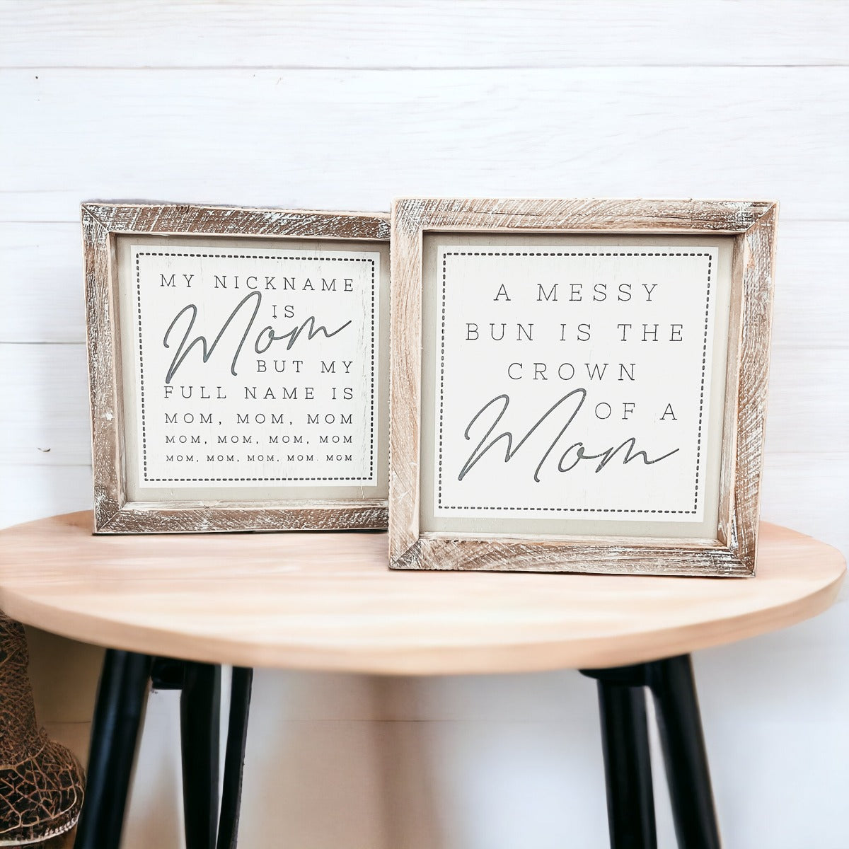 Double-sided 7-inch sign featuring humorous mom quotes, perfect for home decor.