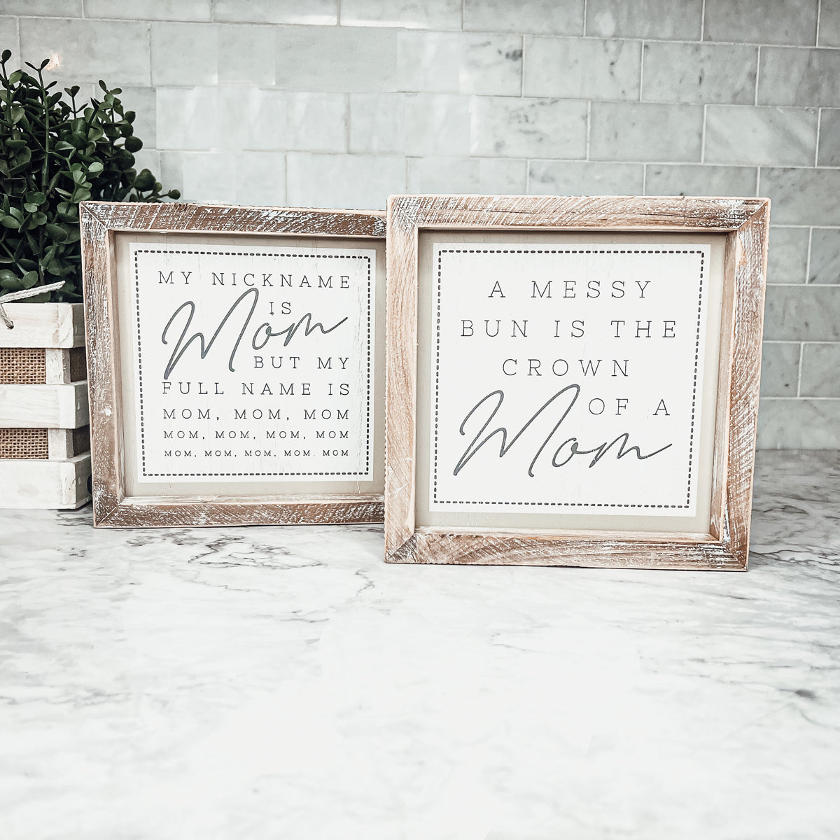 Double-sided 7-inch sign featuring humorous mom quotes, perfect for home decor.