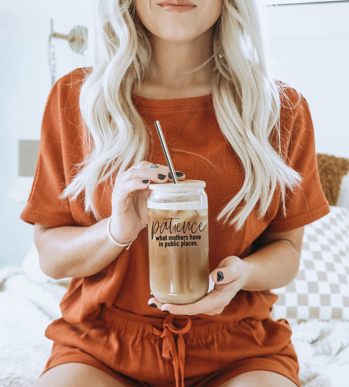 Patience in Public Set featuring a glass cup with bamboo lid, stainless steel straws, and a straw cleaner, showcasing its elegant design and functionality.