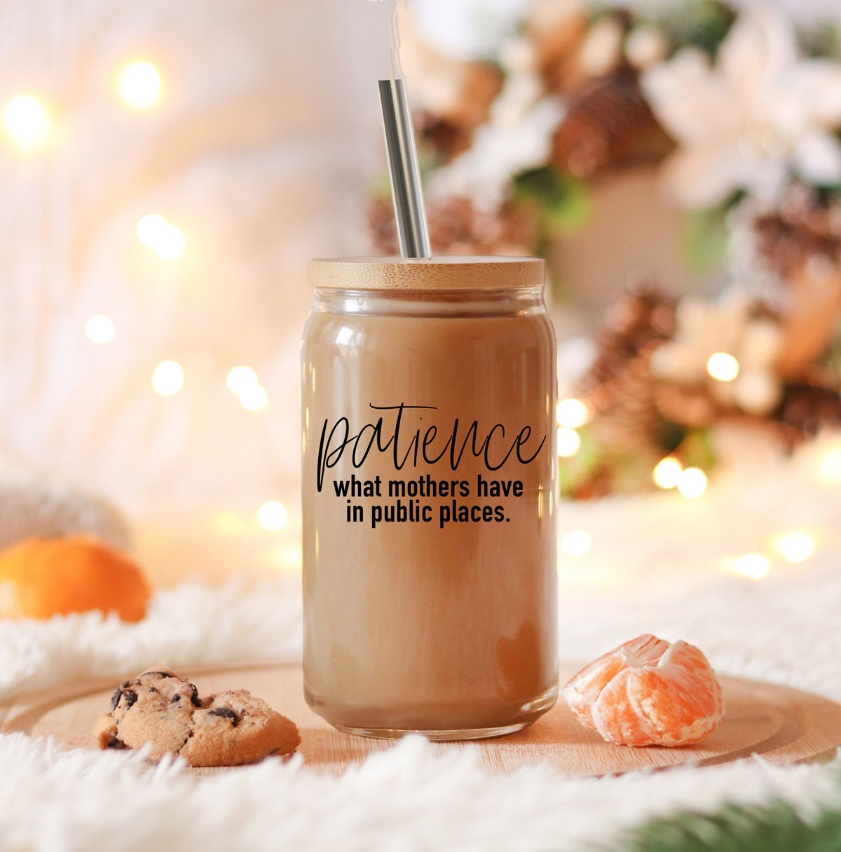 Patience in Public Set featuring a glass cup with bamboo lid, stainless steel straws, and a straw cleaner, showcasing its elegant design and functionality.